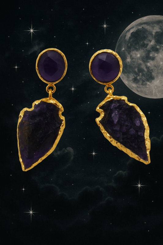 Amethyst Arrowhead Drop Earrings – Gold Edge Statement Crystal
