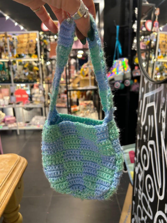 Hand Crochet Blue Green Check Bag