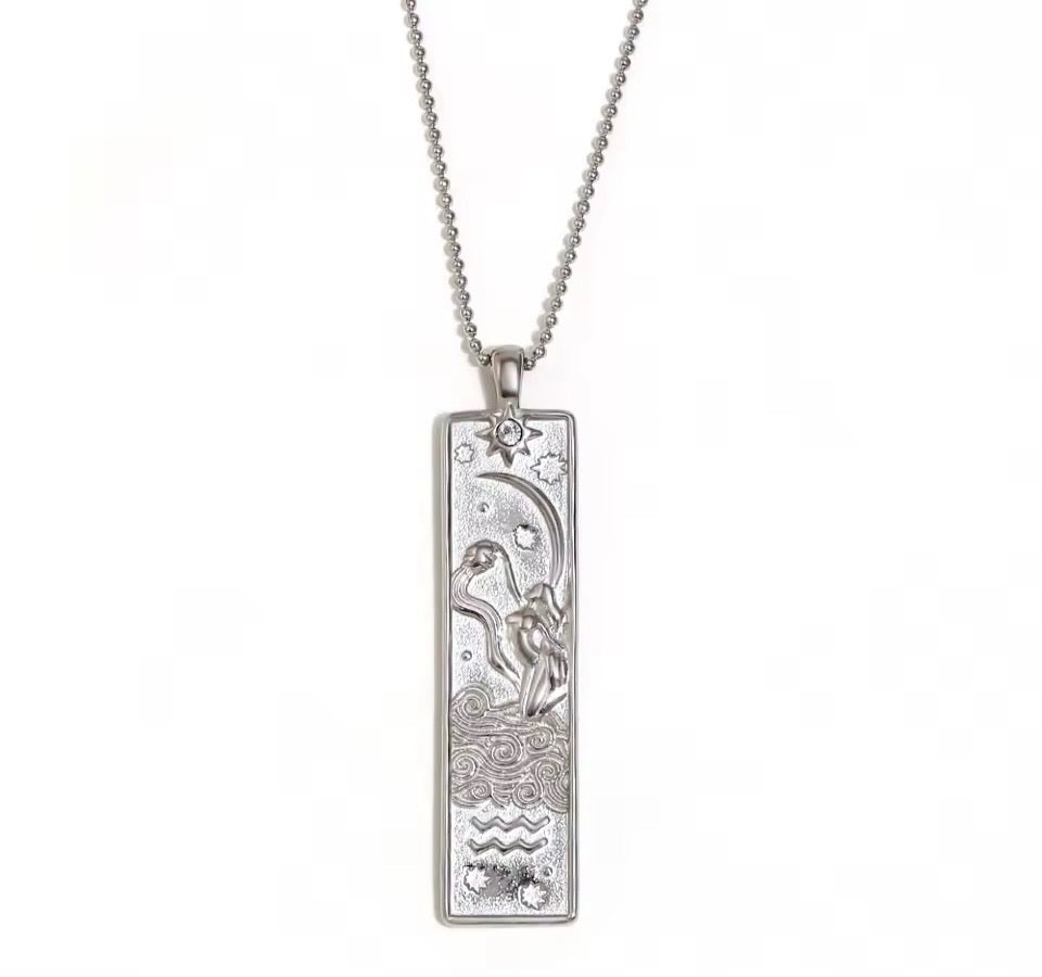 Aquarius Zodiac Amulet Necklace Silver Waterproof Stainless Steel