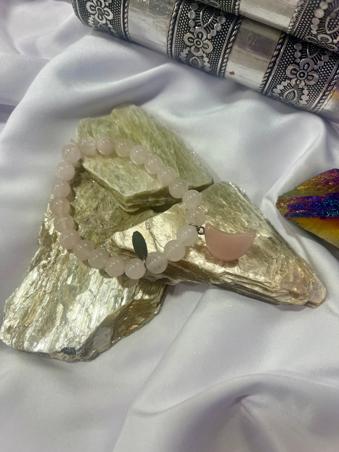 Rose Quartz Crescent Moon Bracelet – Self-Love, Emotional Healing & Divine Feminine Energy