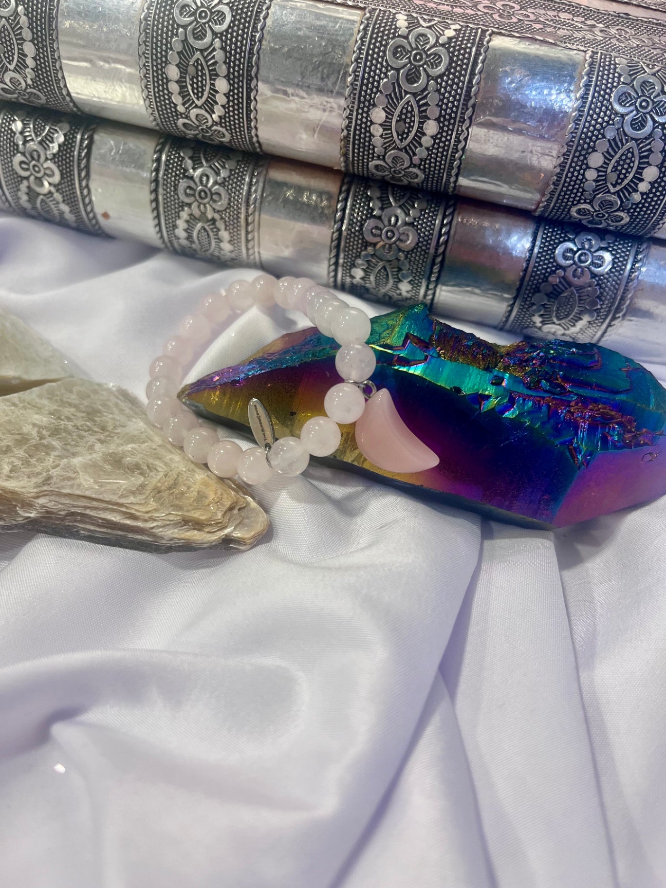 Rose Quartz Crescent Moon Bracelet – Self-Love, Emotional Healing & Divine Feminine Energy