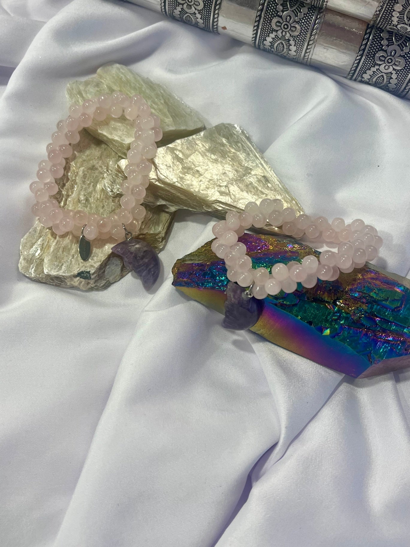 Rose Quartz Moon Bracelet – Amethyst Crescent Charm