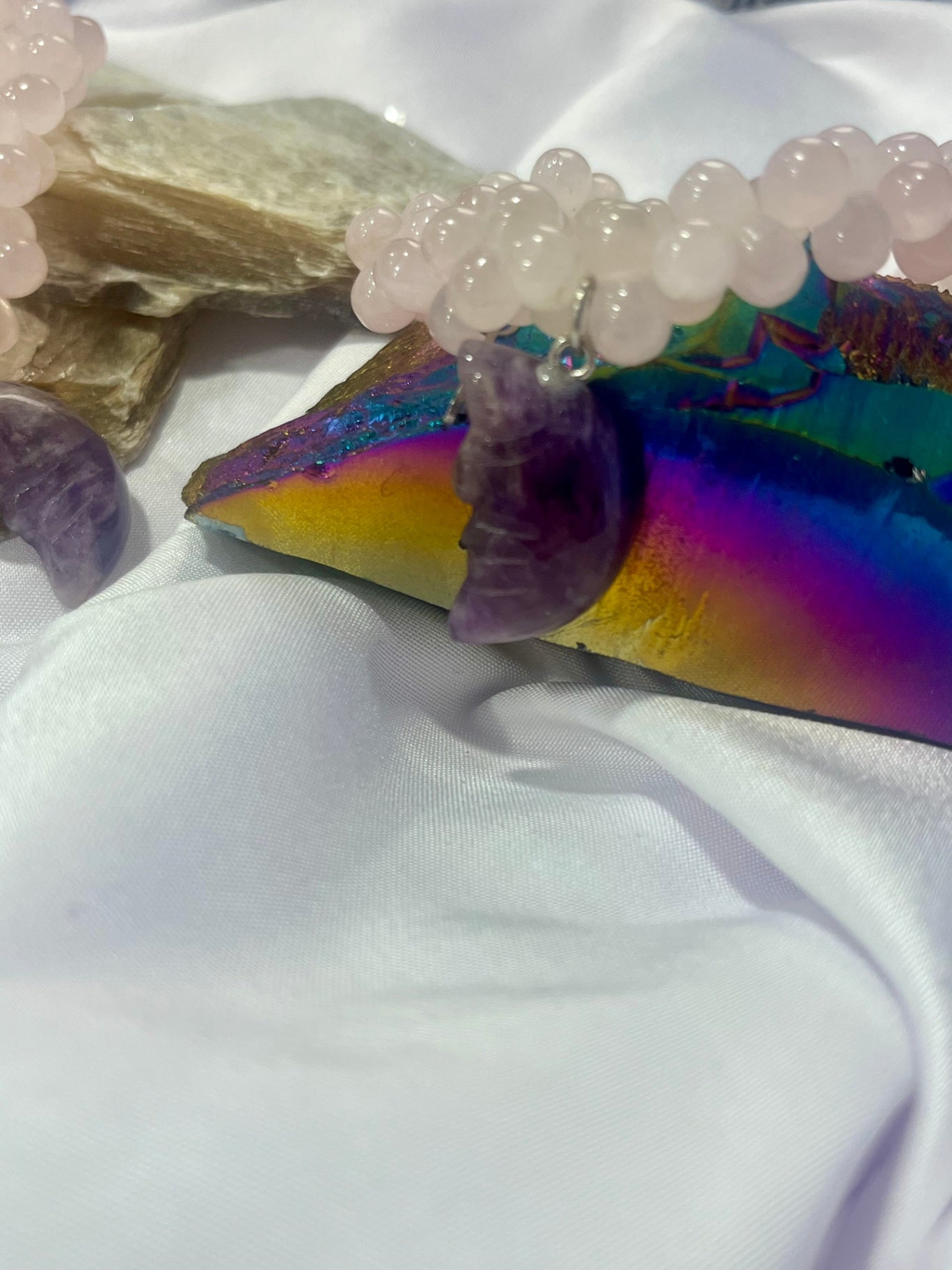 Rose Quartz Moon Bracelet – Amethyst Crescent Charm