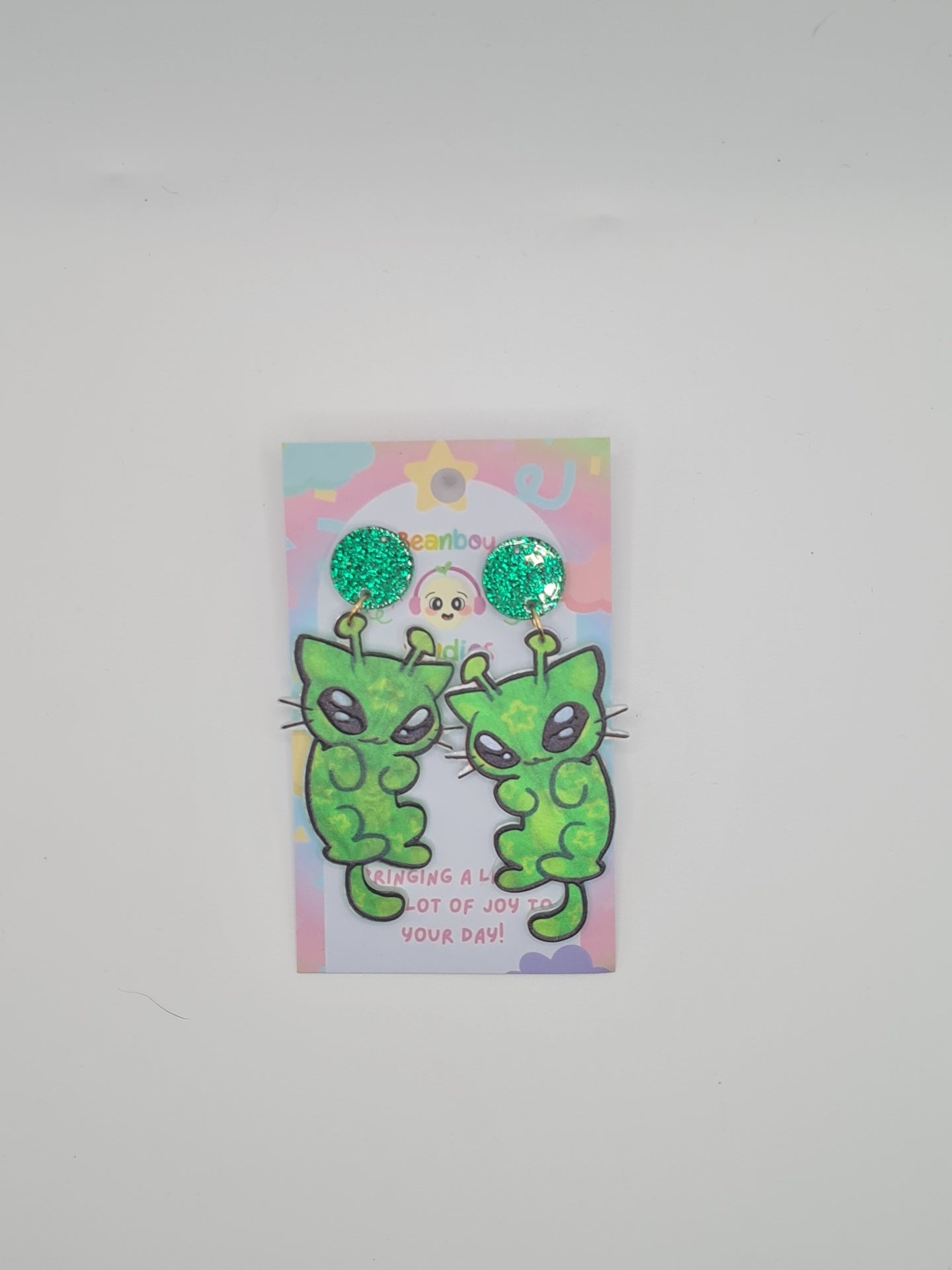 green alien cat earrings