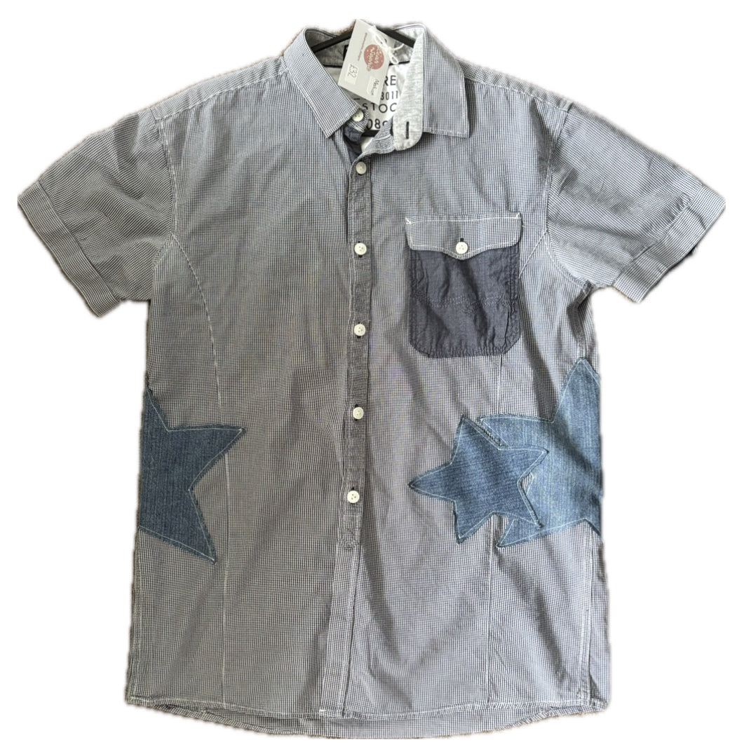 Upcycled Gray Shirt- denim stars