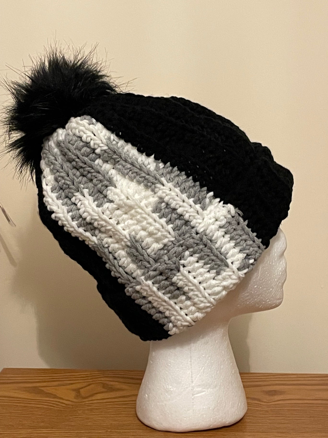 Black white grey Pom Pom beanie
