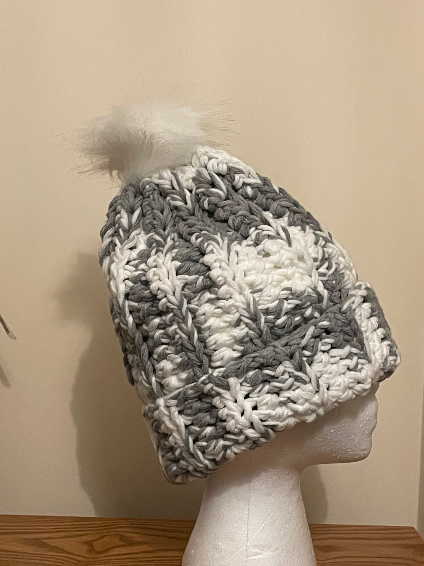 Grey and white Pom Pom beanie