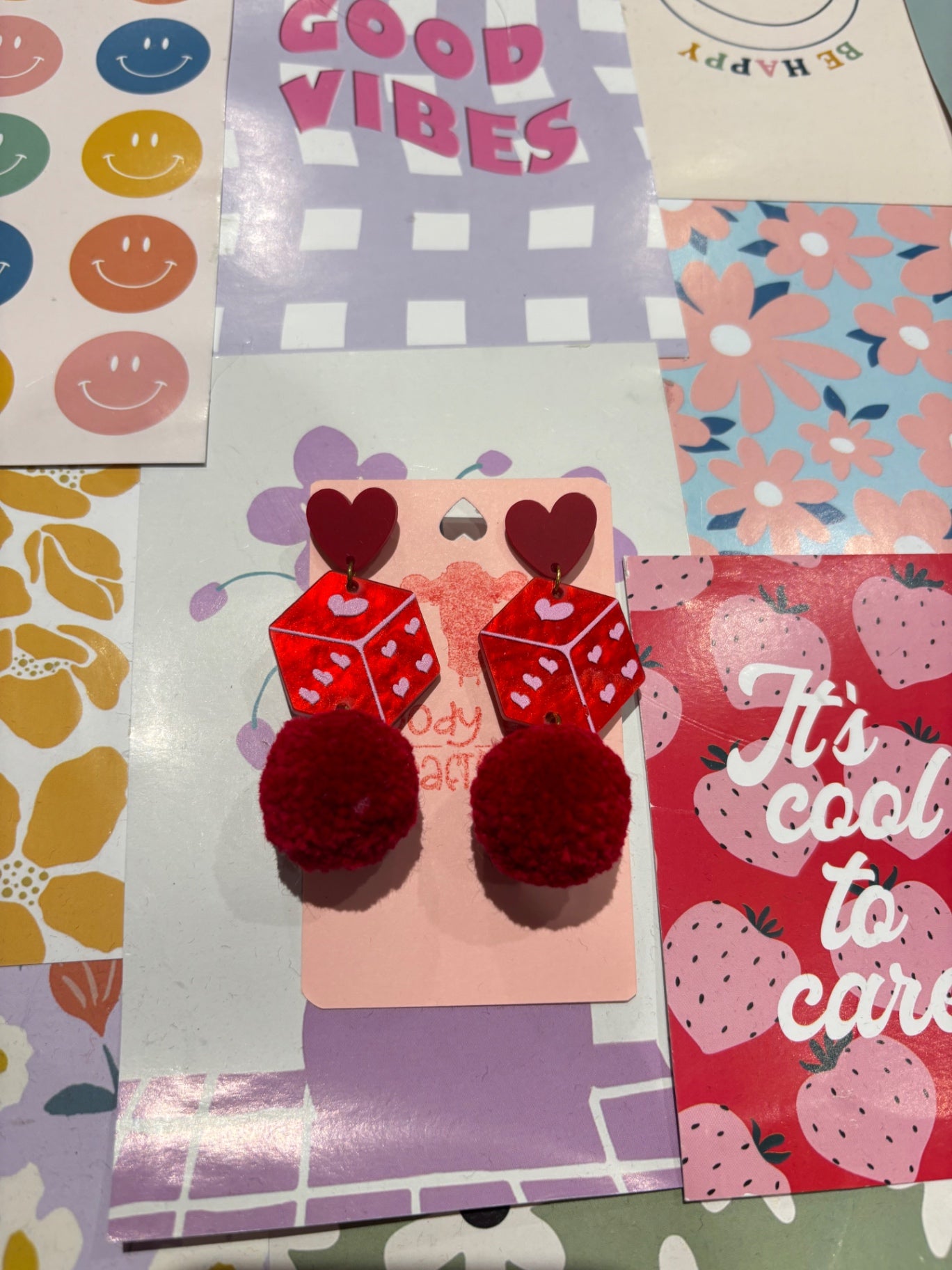 Red Dice Pom Stack Earrings
