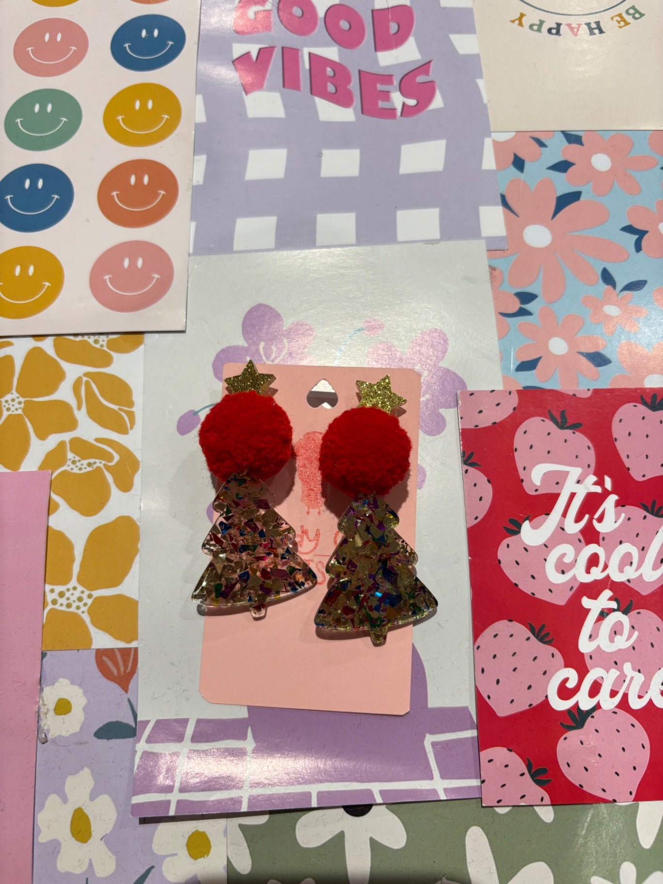 Christmas Tree Red Pom Stack Earrings