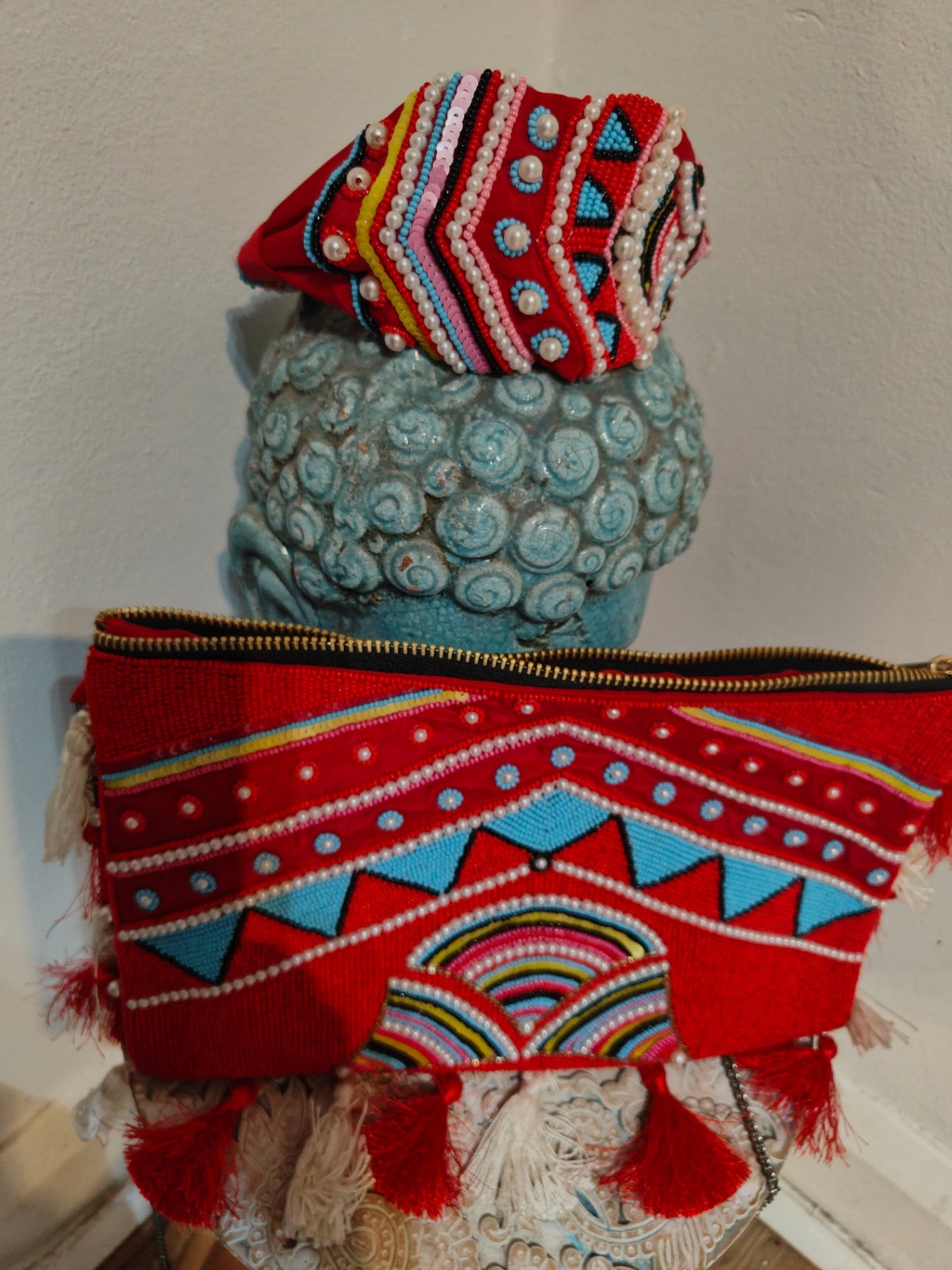 Red turquoise Boho beaded bag and headband set