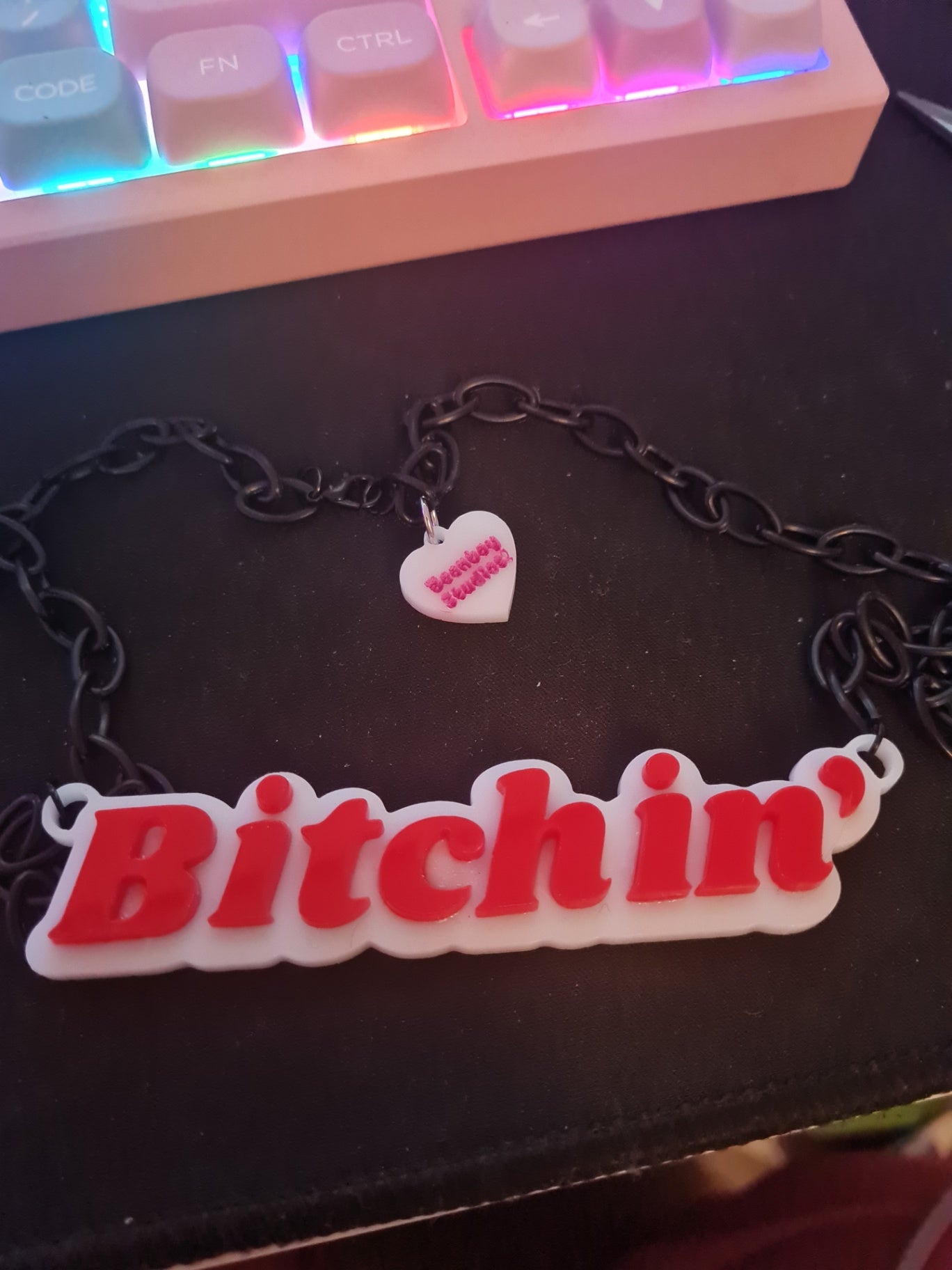 Red white black bitchin necklace