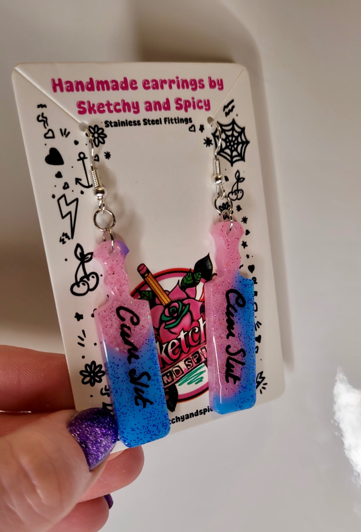 Pink & Blue Cum Slut Paddle Earrings