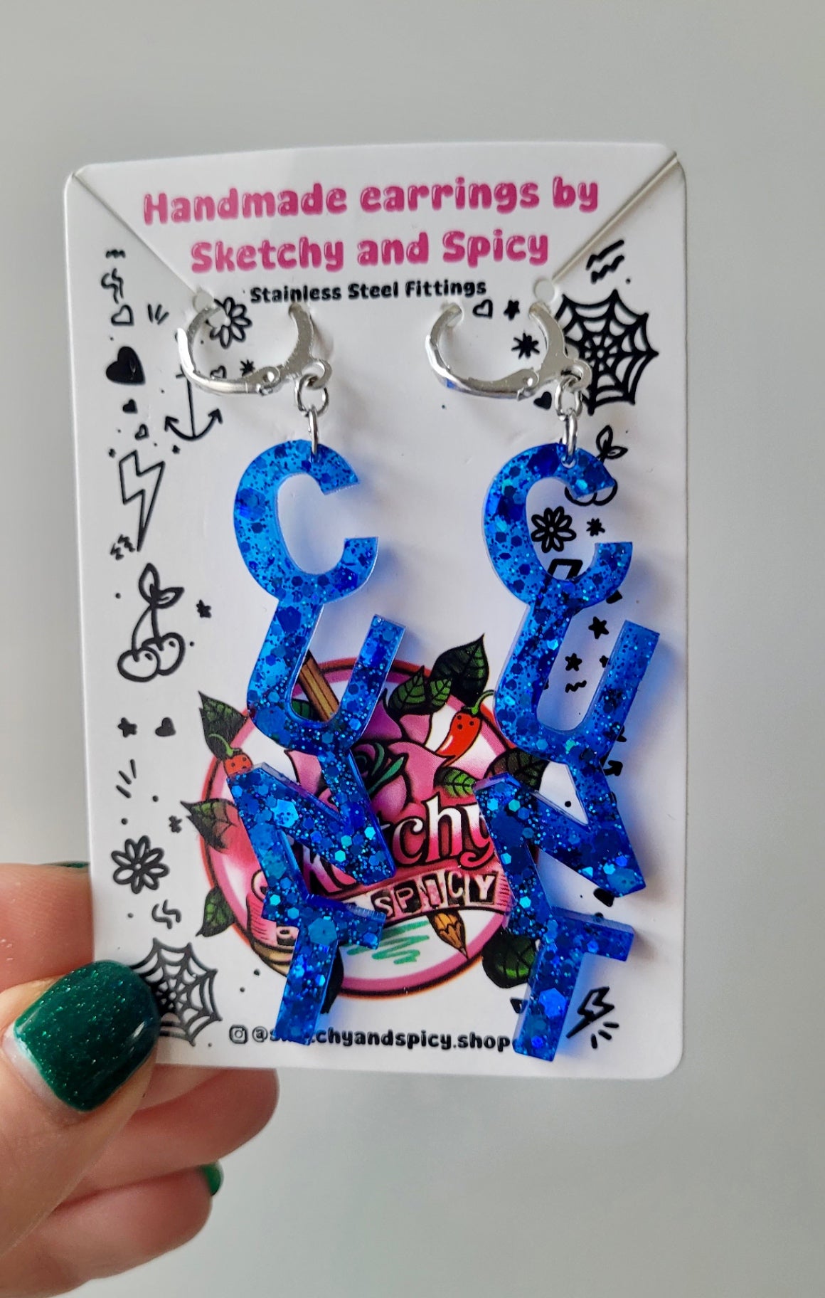 Dark Blue Glitter CUNT Earrings - Lever-back Hoops