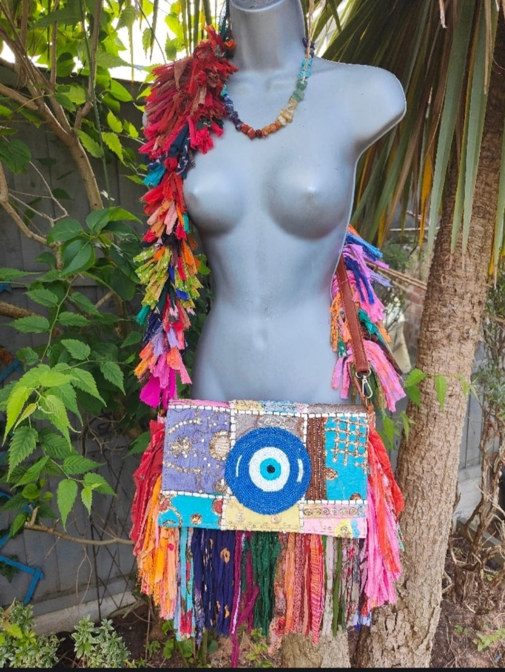 Frill sari cross body bag with rag rug detachable strap eye/peace