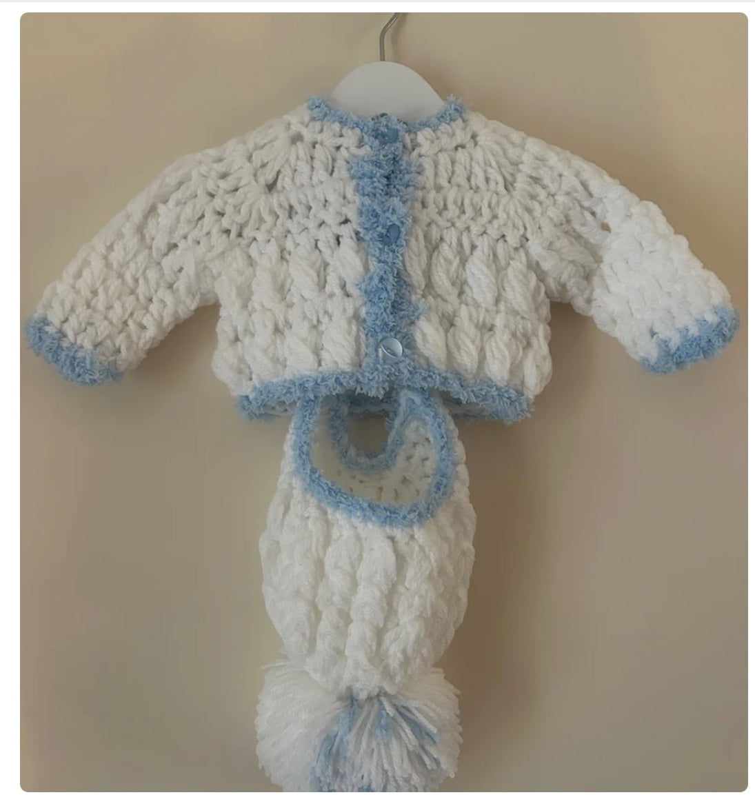 Handknitted White With Blue Cardigan With Matching Hat