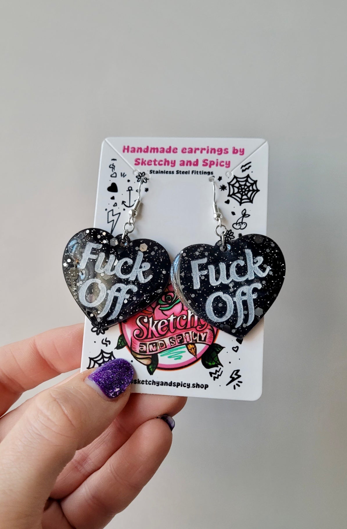 Fuck Off Black Glitter Heart Earrings with Shepherd Hooks