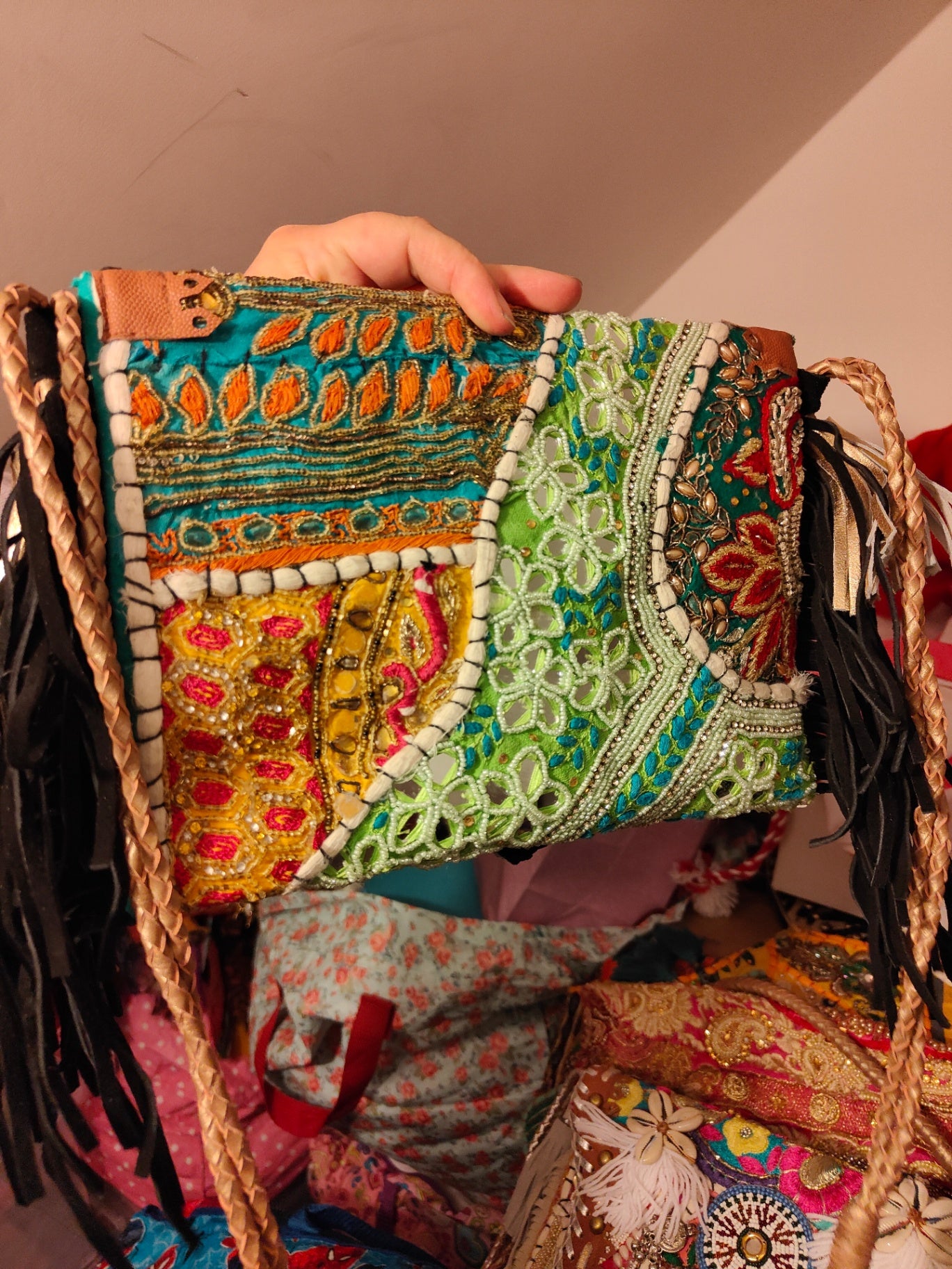 Chilean Boho bag-black coins shells tassles