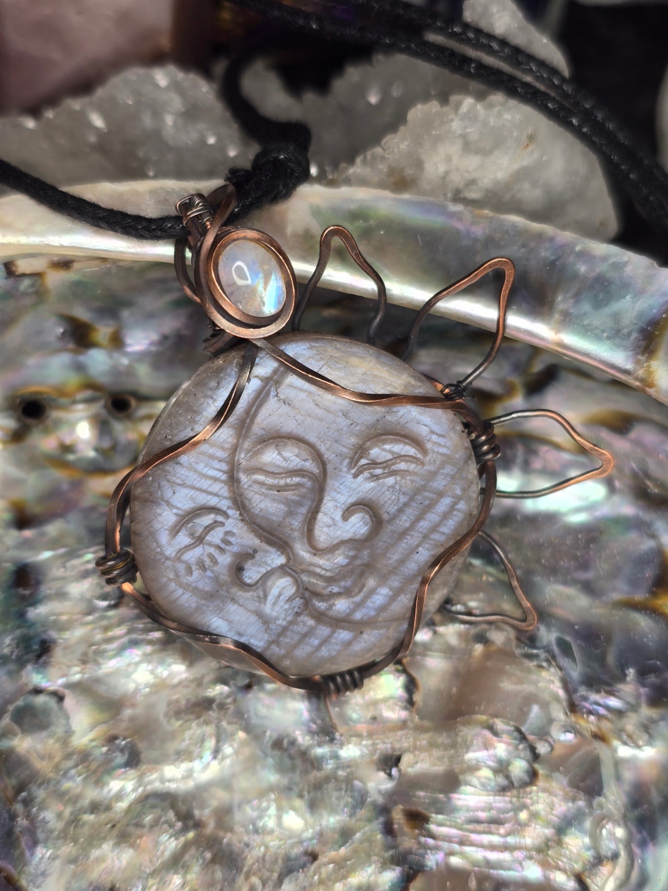 Moonstone sun and moon face necklace