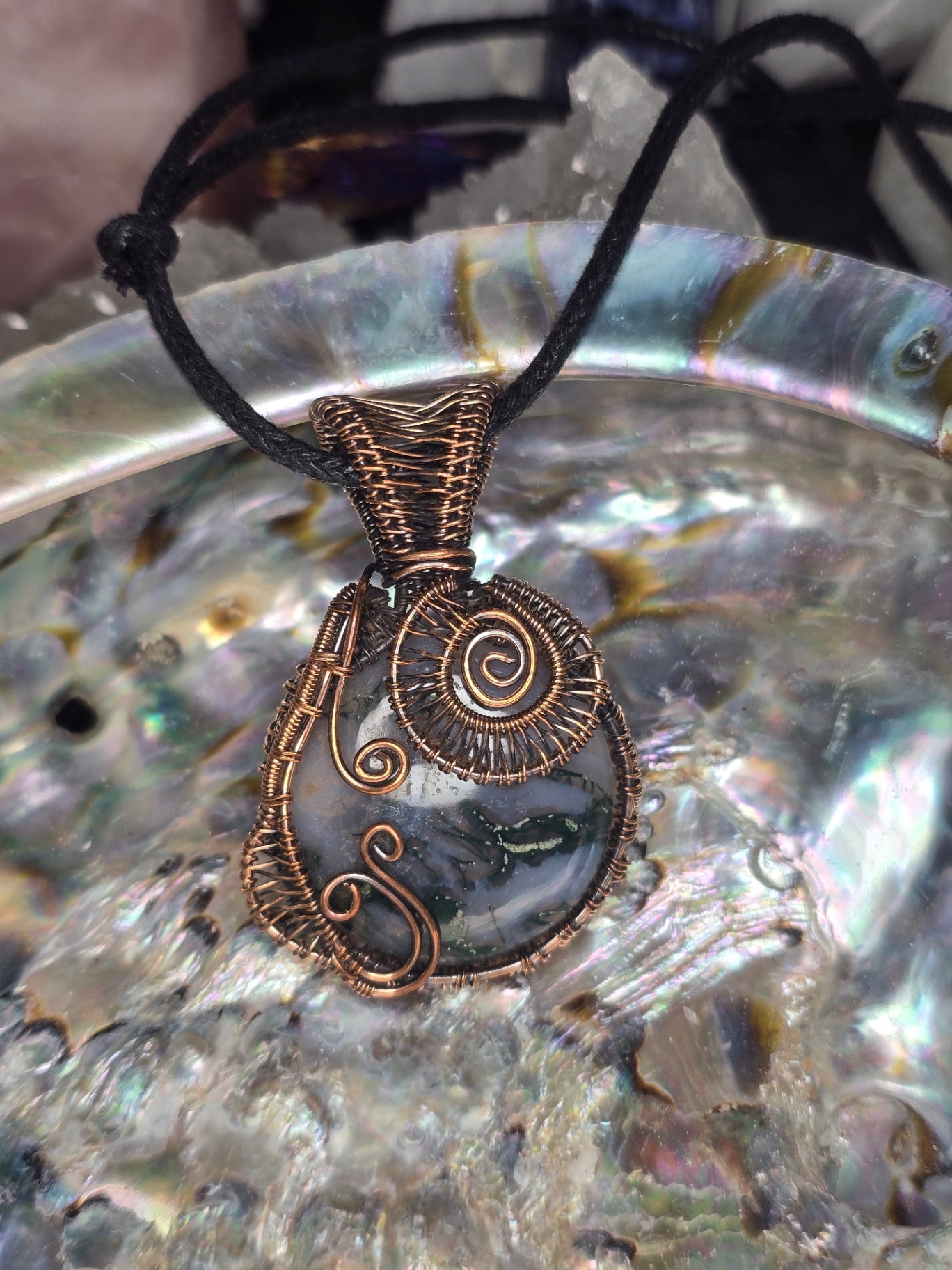 Moss agate wire wrapped pendant