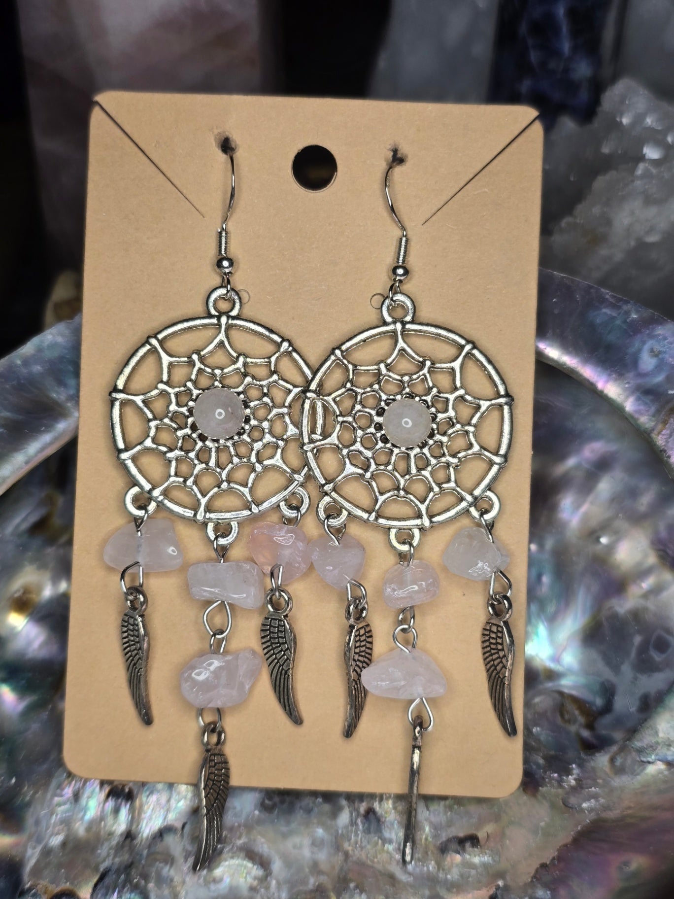 Rose quartz dream catcher earrings