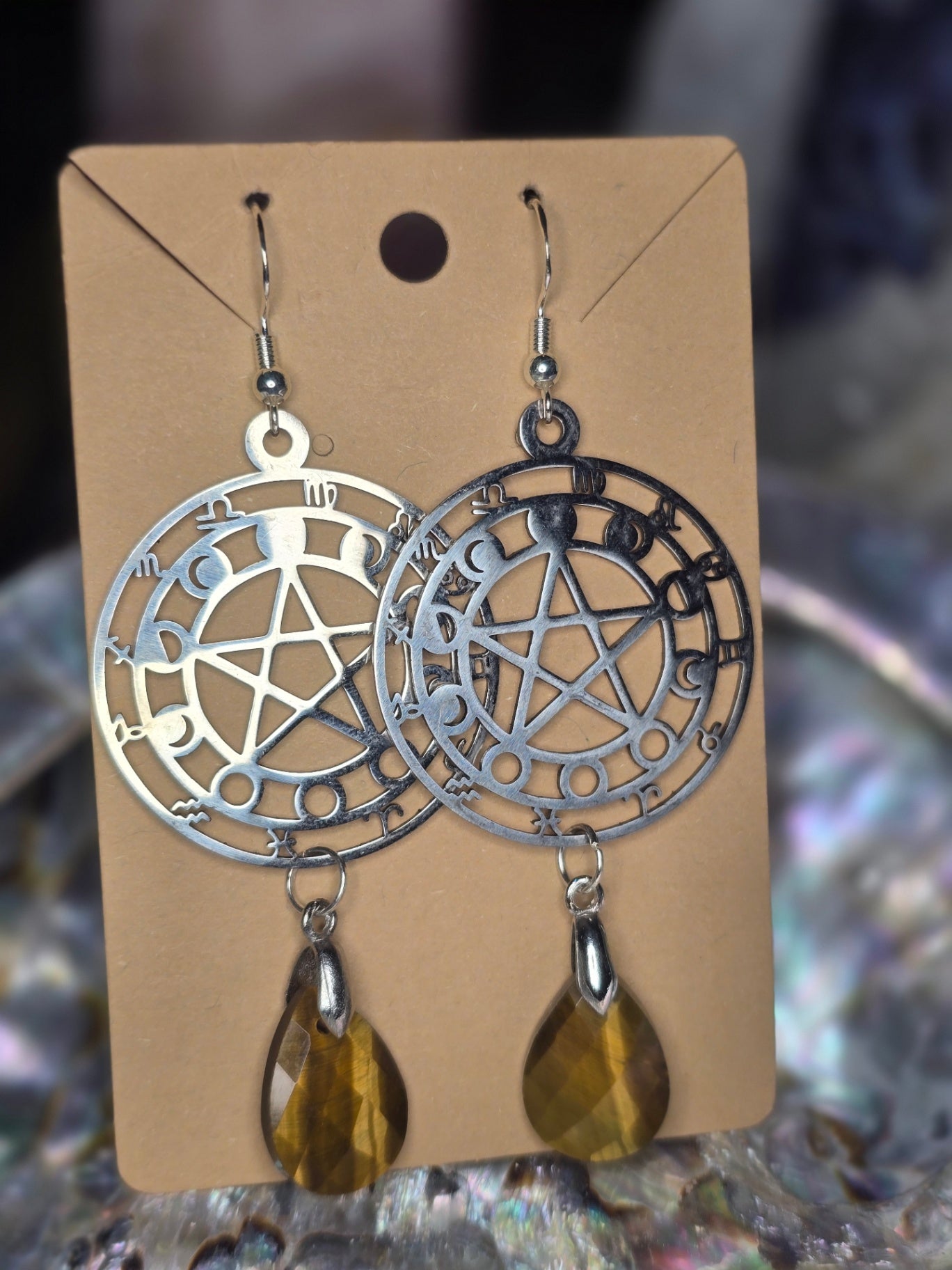 Tigers eye pentacle earrings