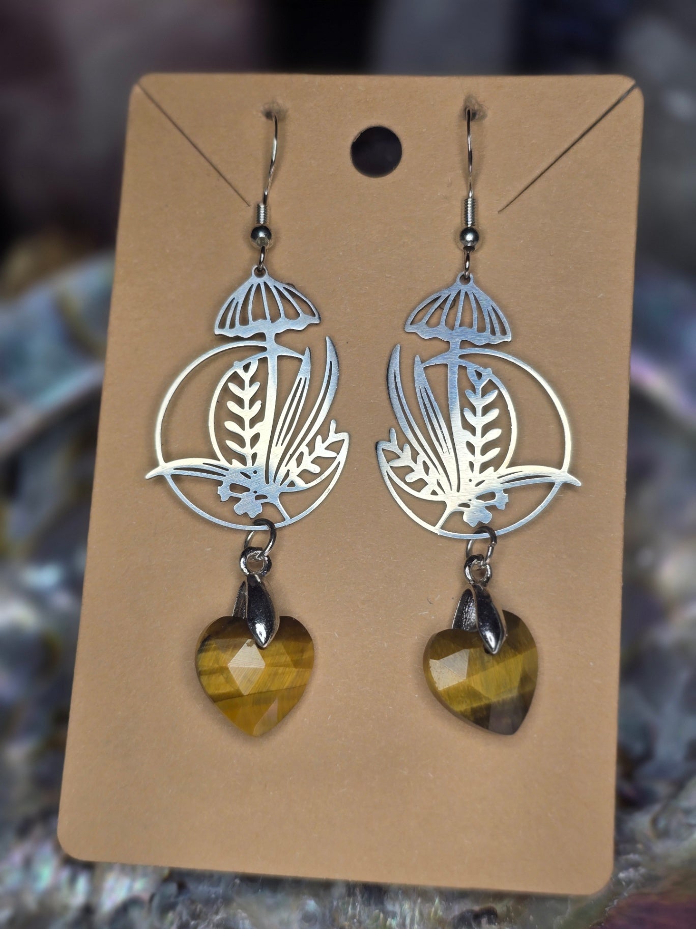 Tigers eye heart mushroom earrings