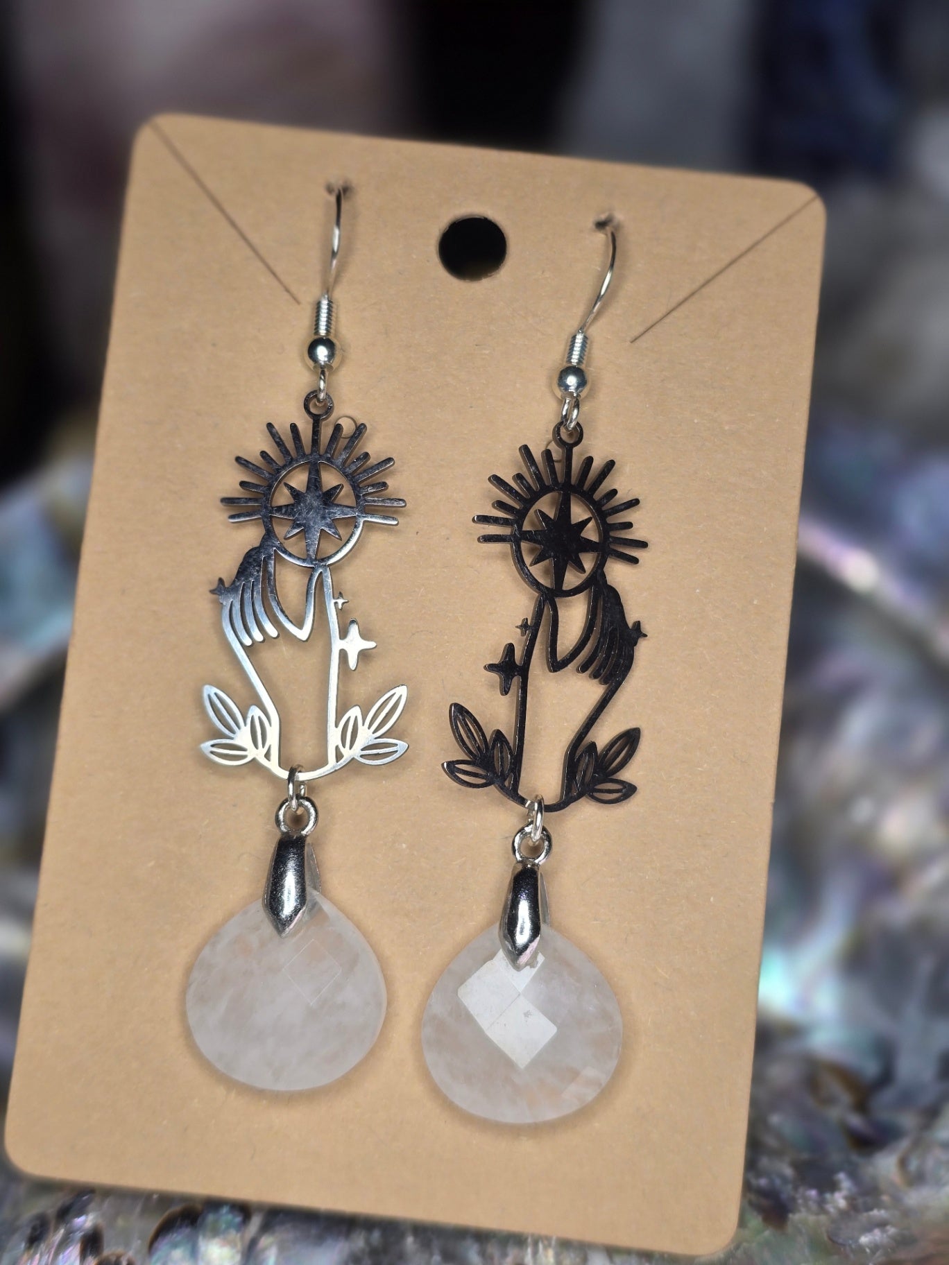 Mystical hands clear quartz earrings