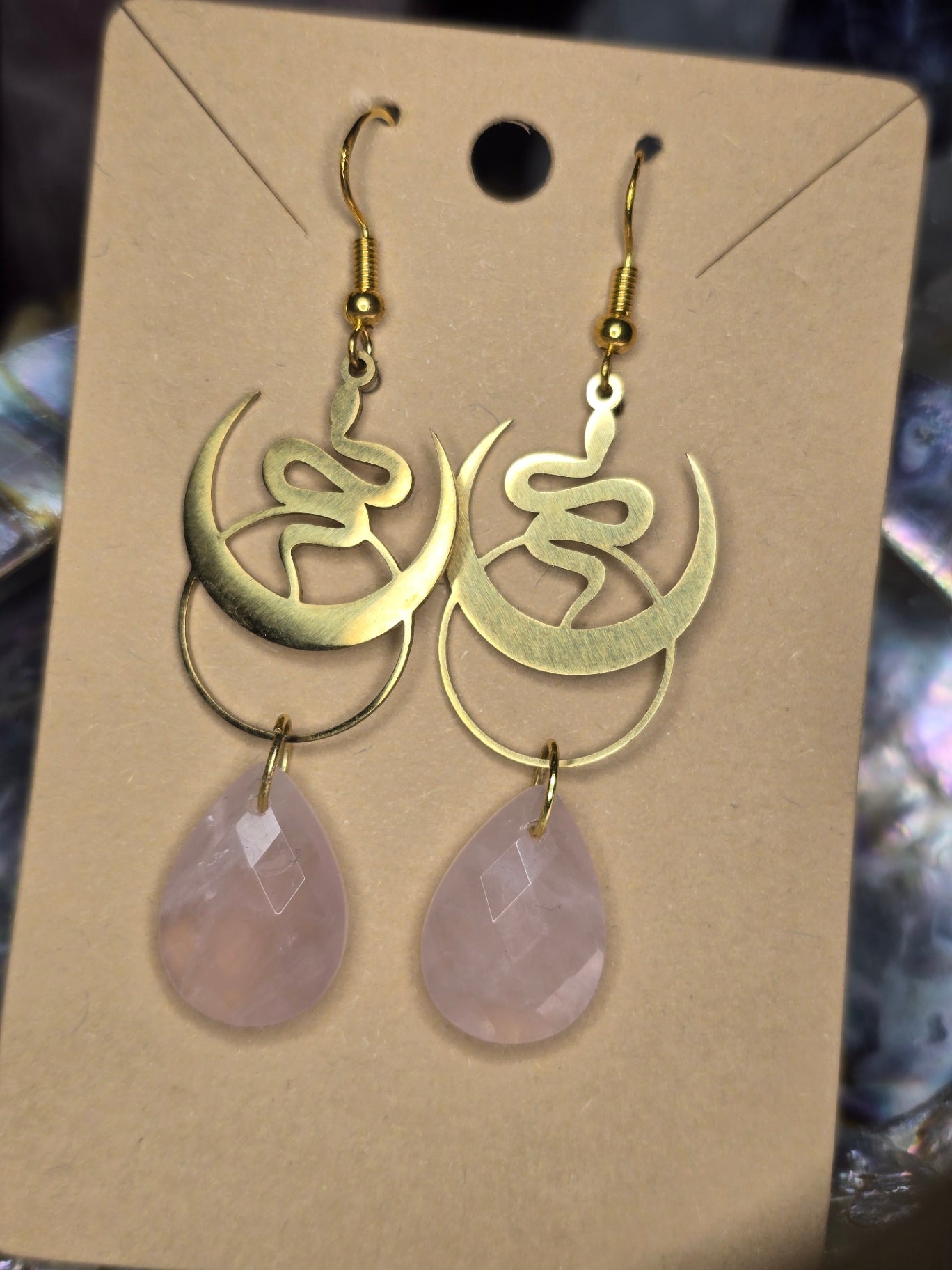 Rose quartz golden snake earrings