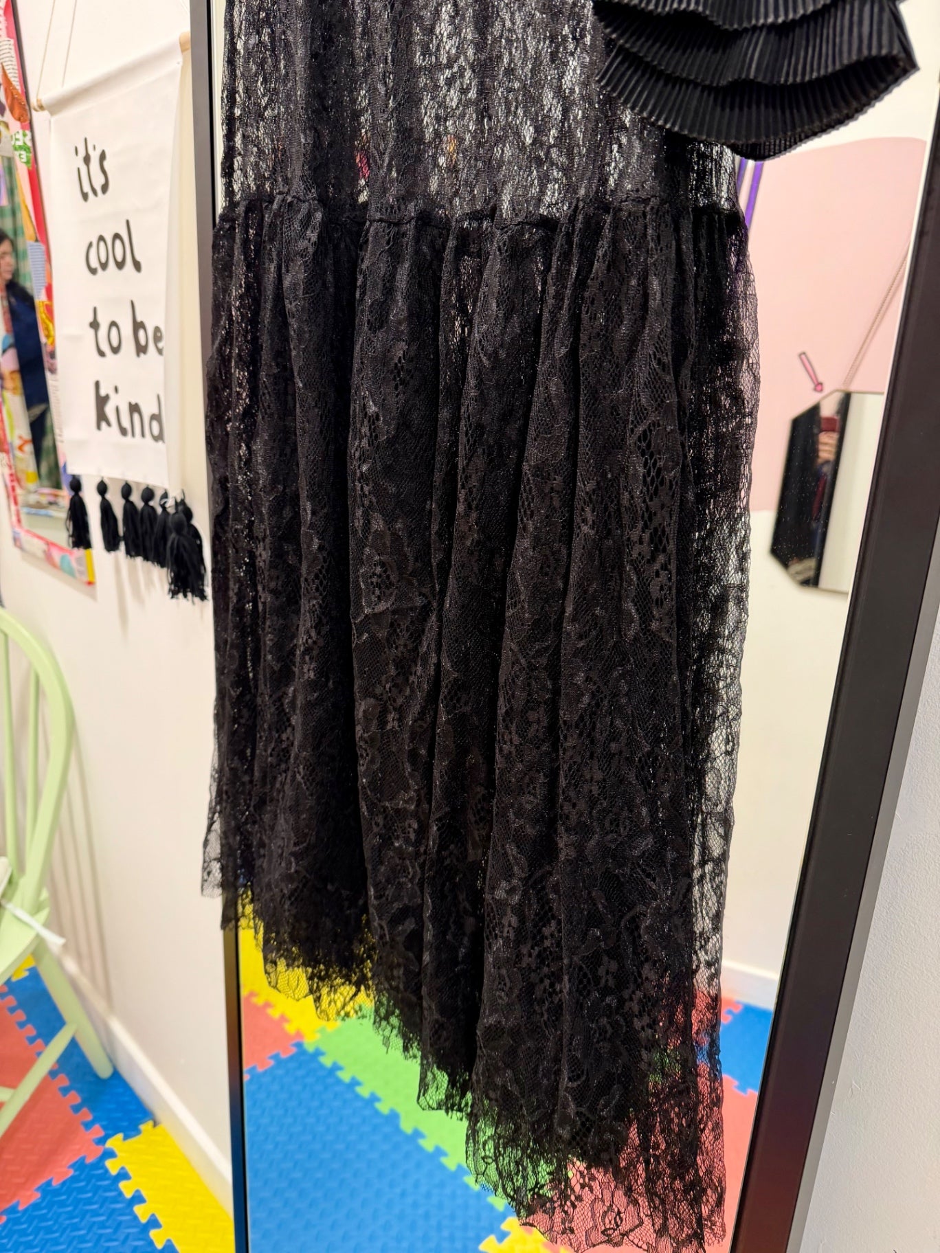 Black Lace Skirt with Rose Brooch Detail
