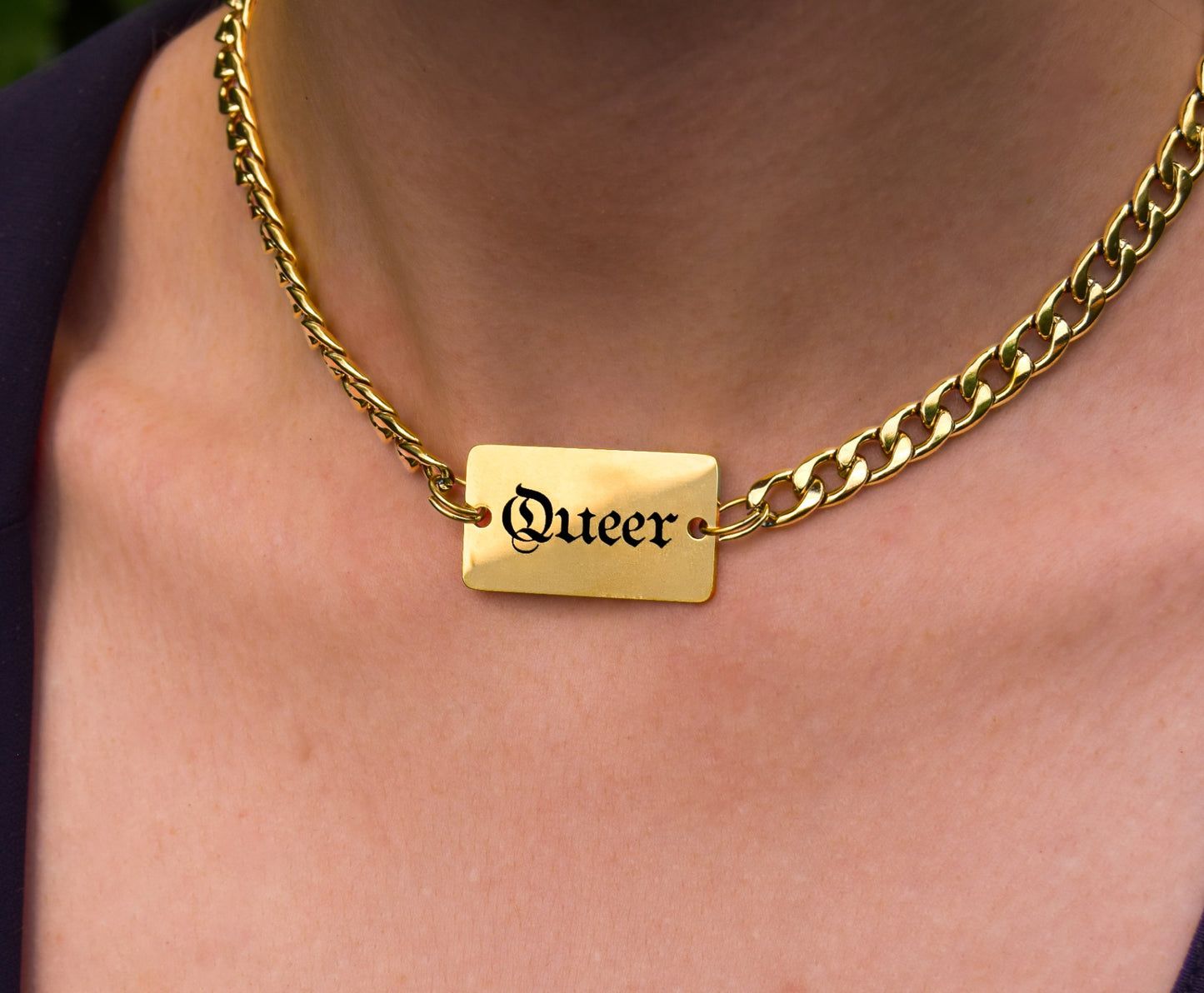Gold QUEER engraved chunky chain