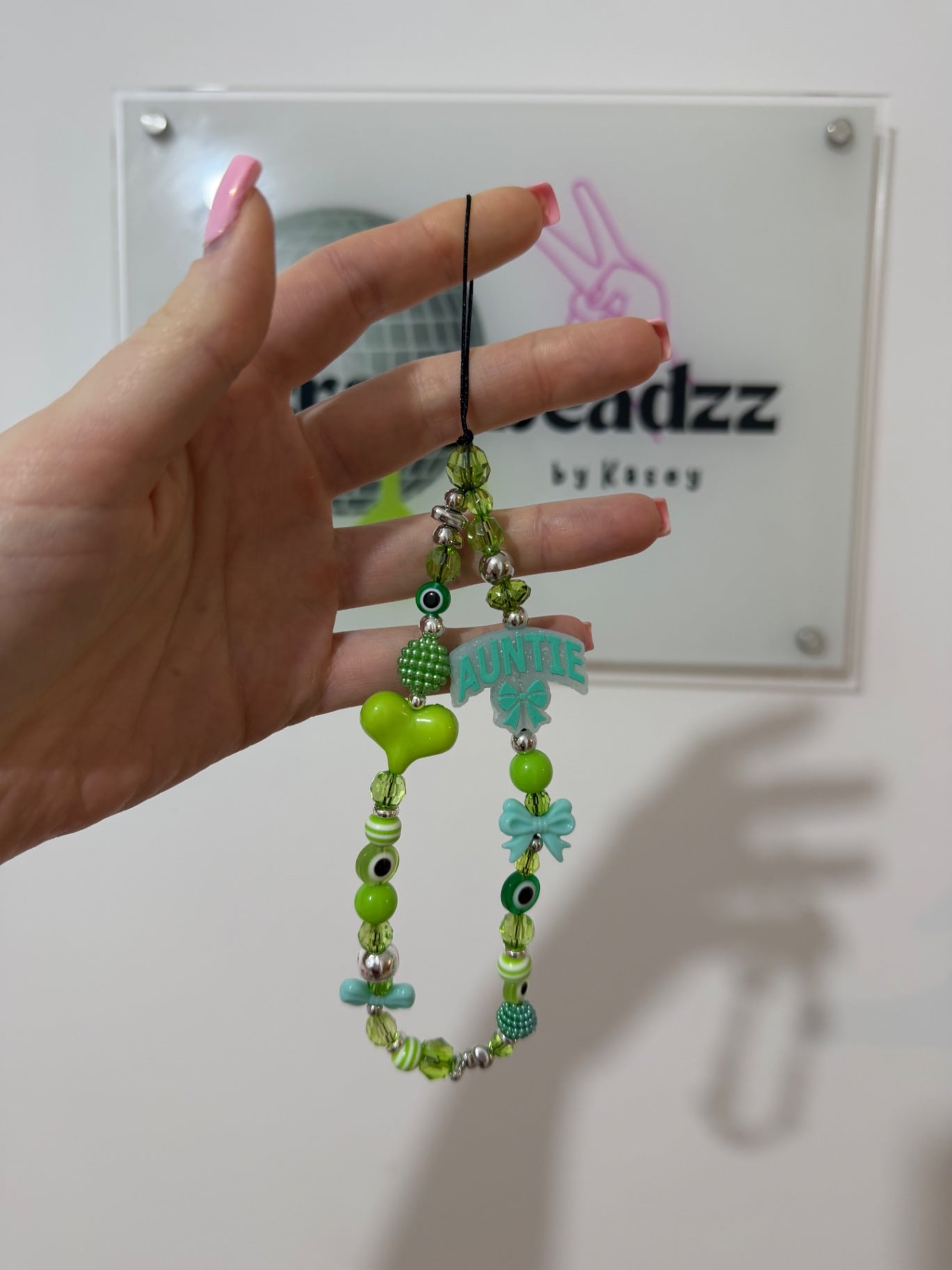 Green ‘Auntie’ phone charm - silver