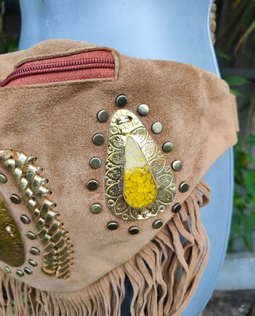 Dolly Bumbag Suede fringe tassles with Moroccan stone detail Tan