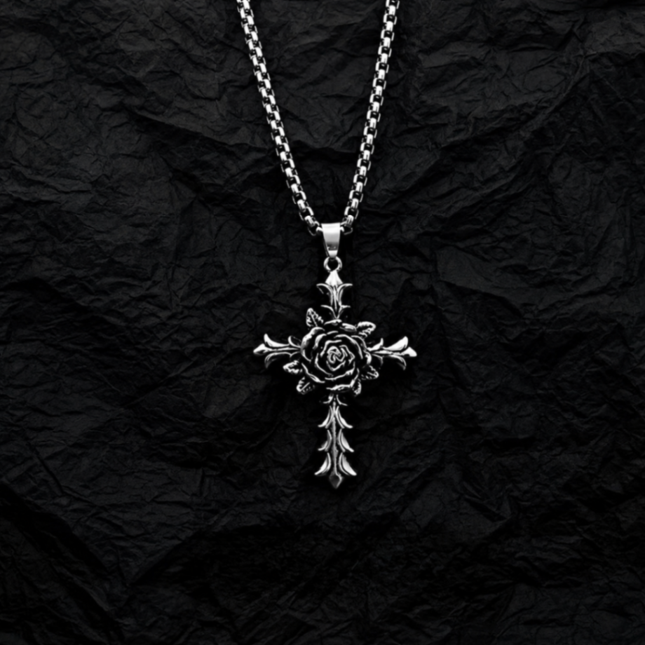 Rose Cross Silver Necklace Stainless Steel