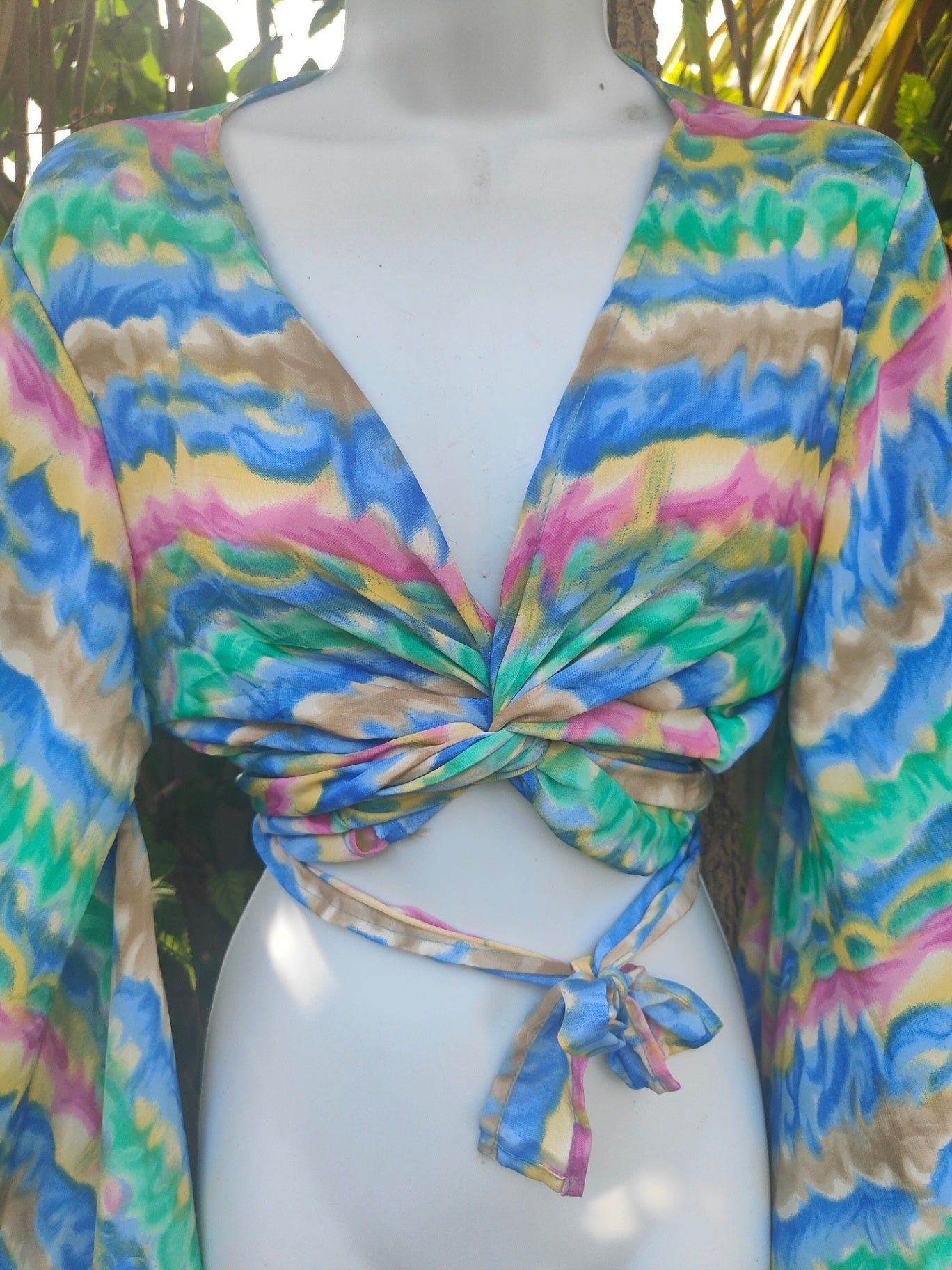 Tulum co ord set - tie top & wrap skirt - green, pink, yellow