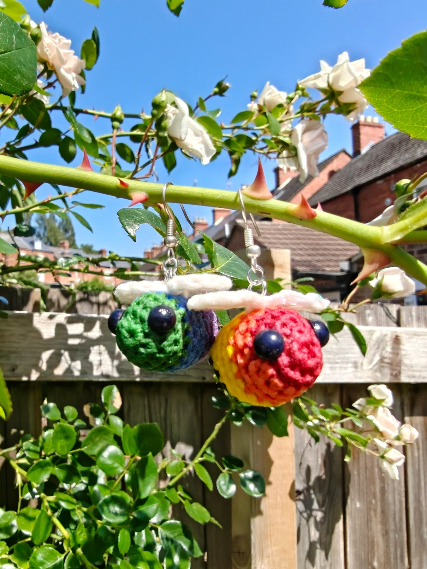 Rainbow pride crochet bee earrings