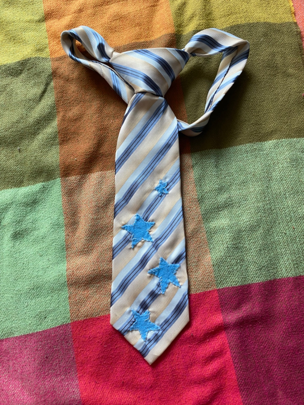 BLUE STARS Up-cycled tie with hand sewn design