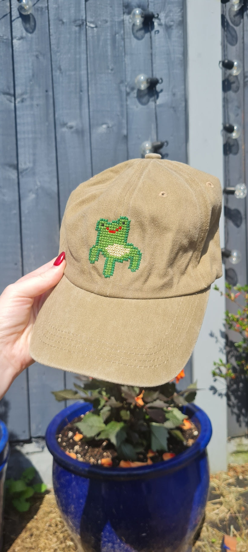 Tan Froggy Chair Cross Stitch Cap