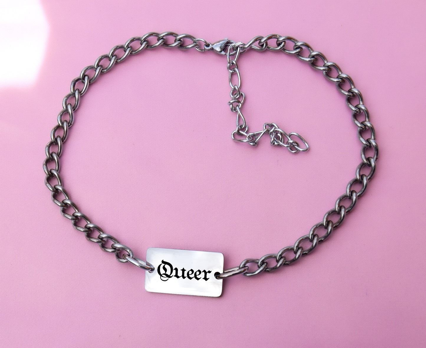Gothic QUEER engraved chain necklace in silver colour