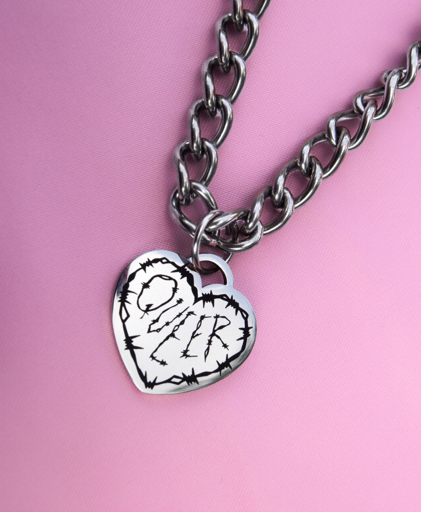 Queer engraved heart on a chunky chain necklace in 304 stainless steel