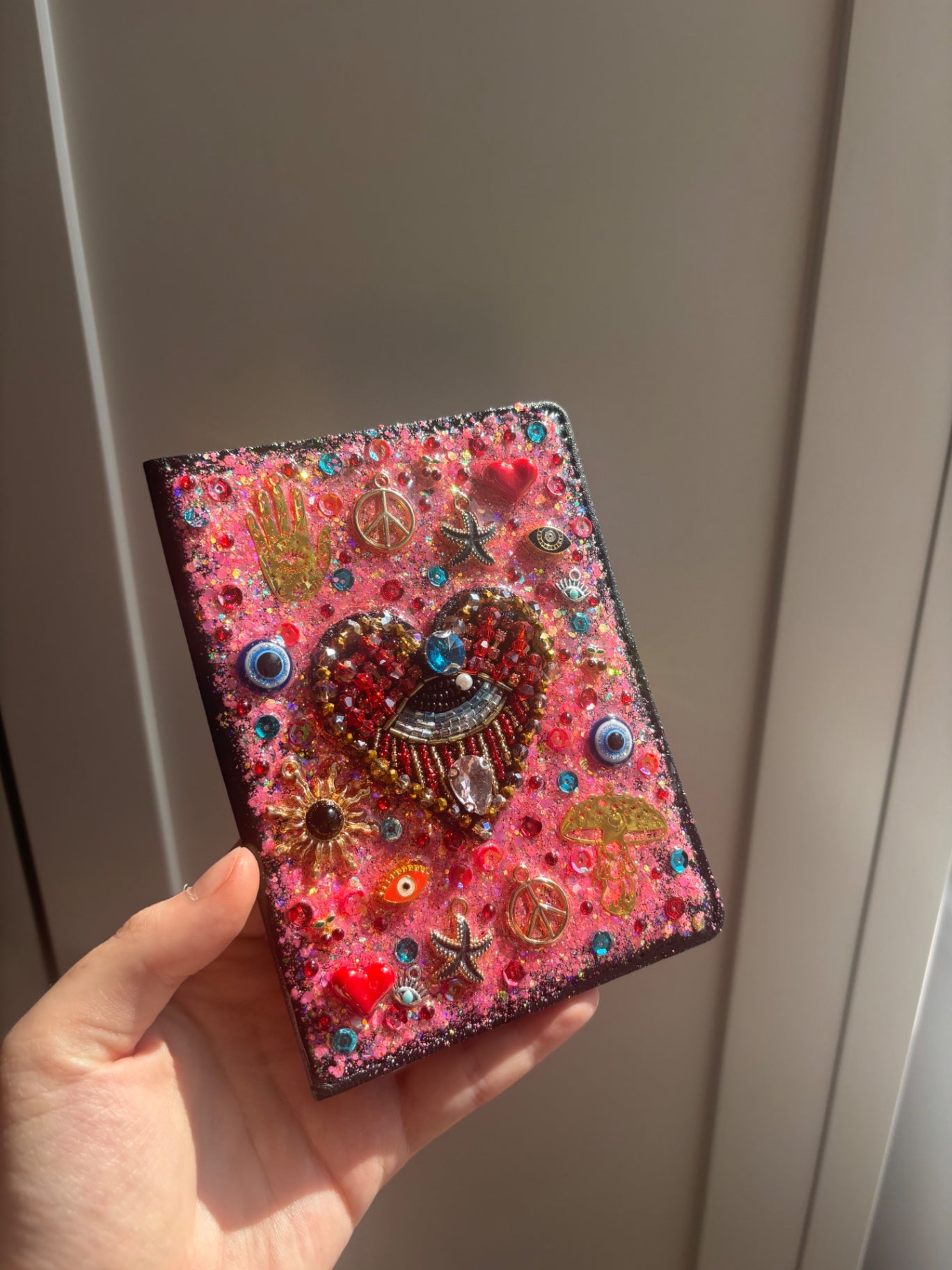 Passport cover - red evil eye beaded patch