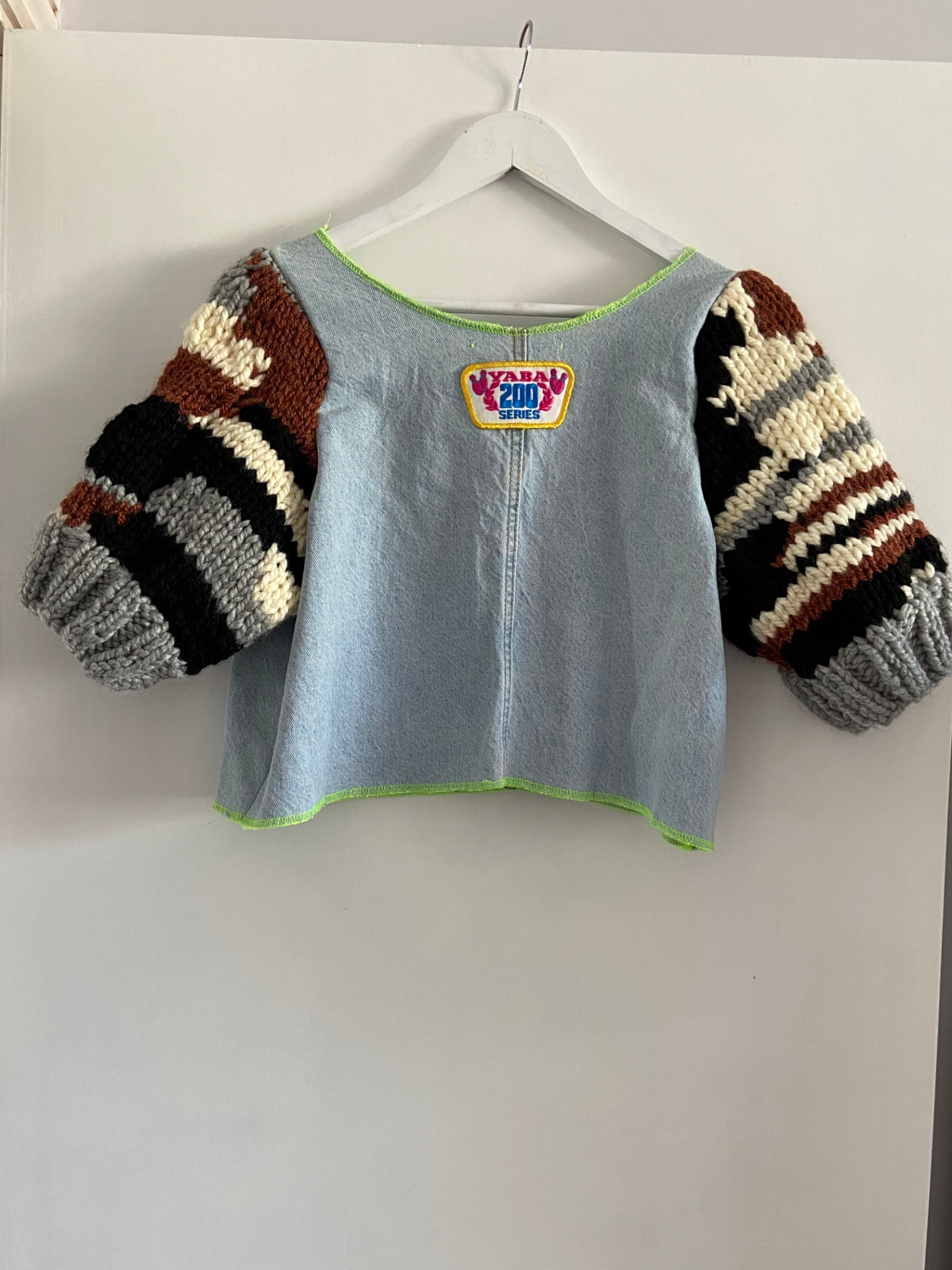 Denim Crop Top with Knitted Sleeves