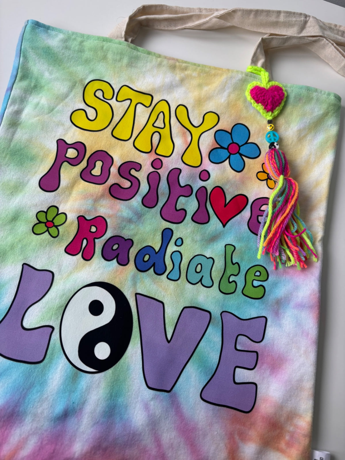 Tie dye tote with crochet bag charm