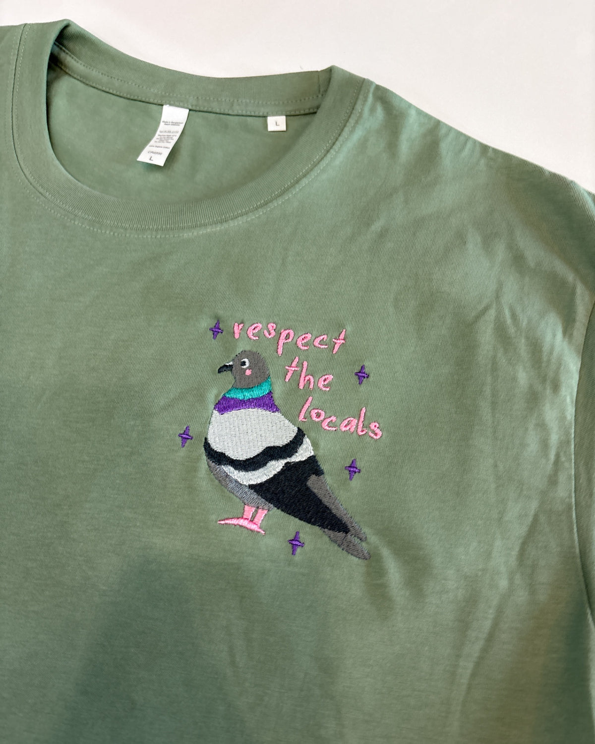 Pigeon 'Respect The Locals' Embroidered Unisex T-Shirt SMALL
