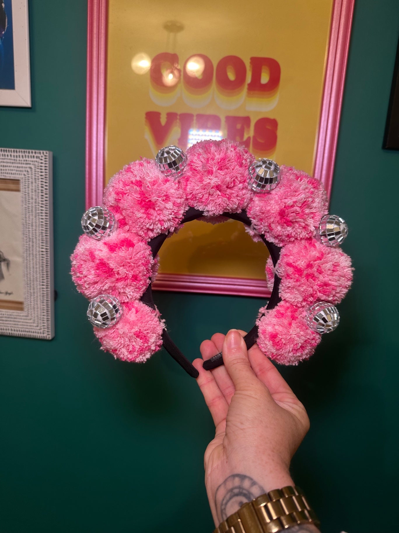 Pink disco standard pom headband
