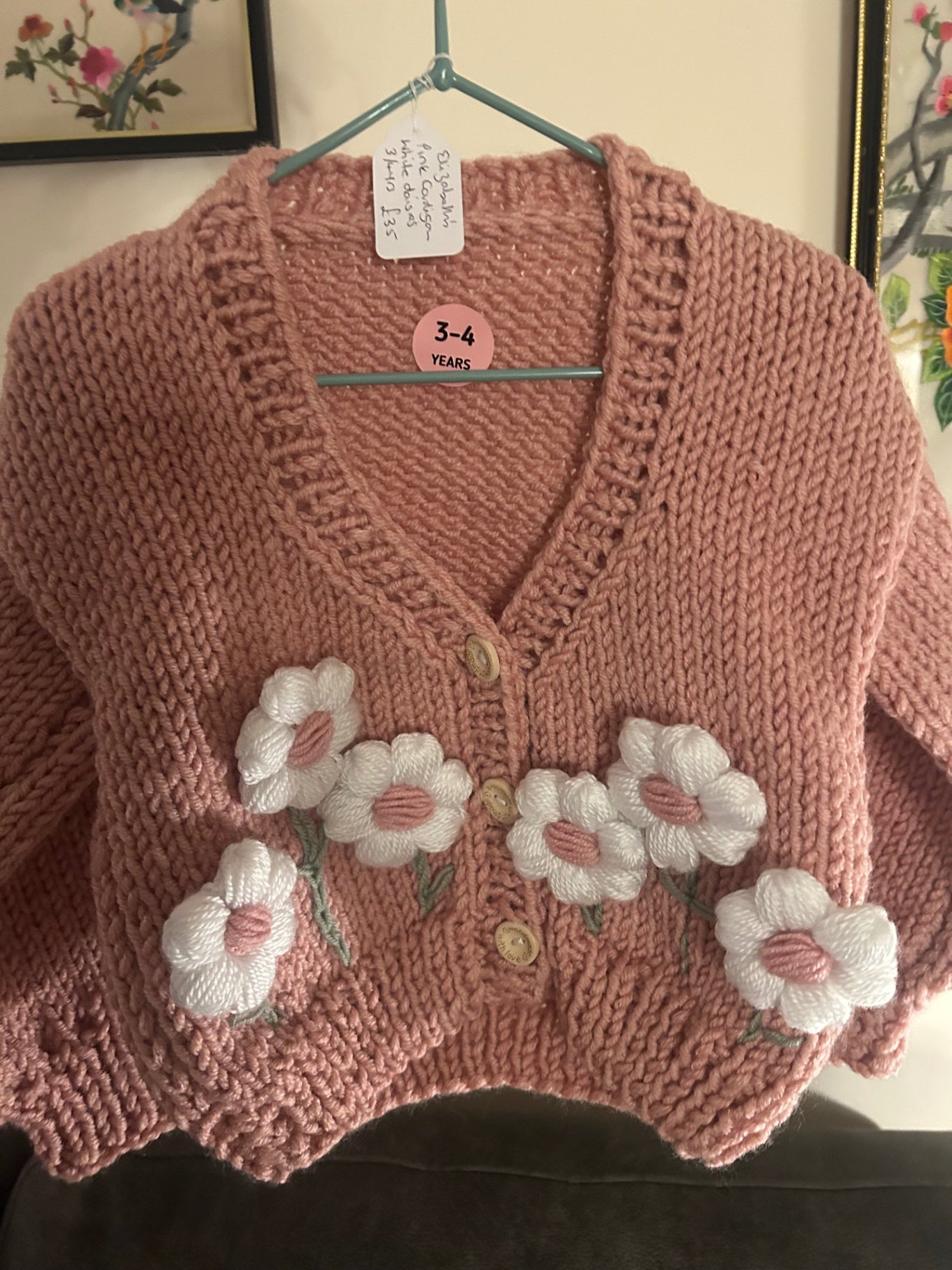 Handknitted Pink Cardigan With White Daisies 3 - 4 Years