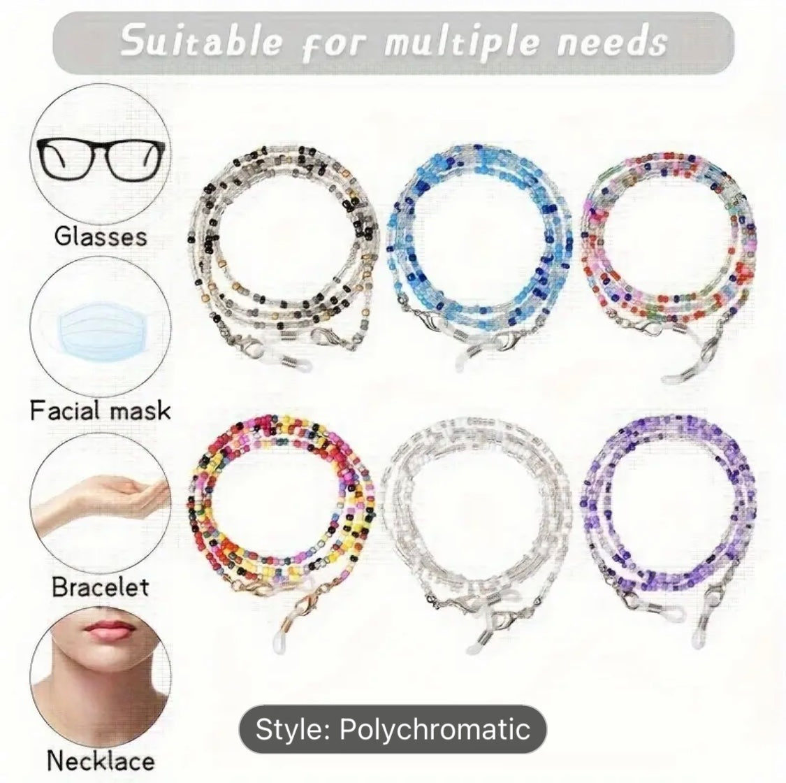 White Clear Mix Bead Sunglasses Chain