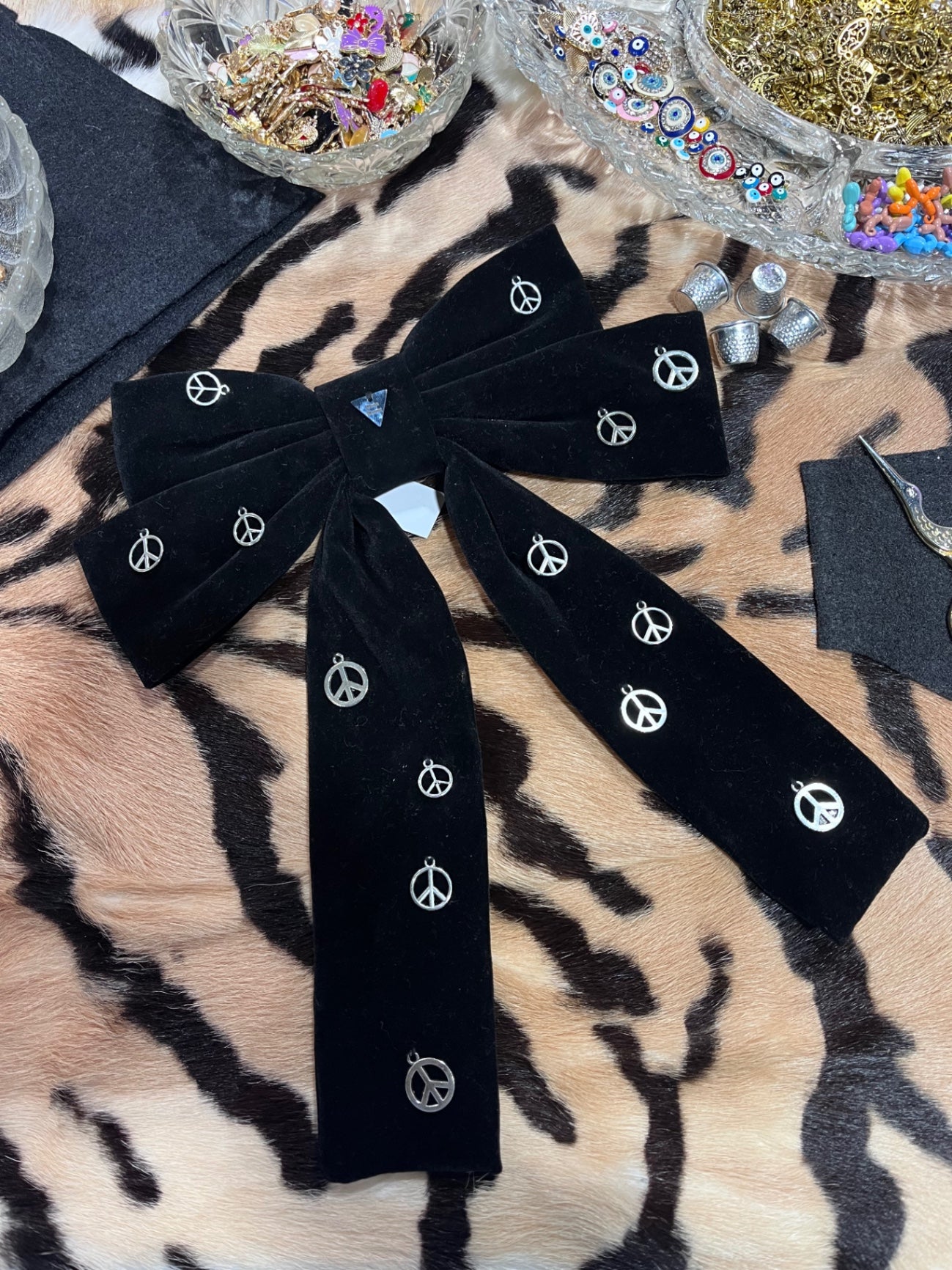 Peace Silver Black Velvet Hair Bow
