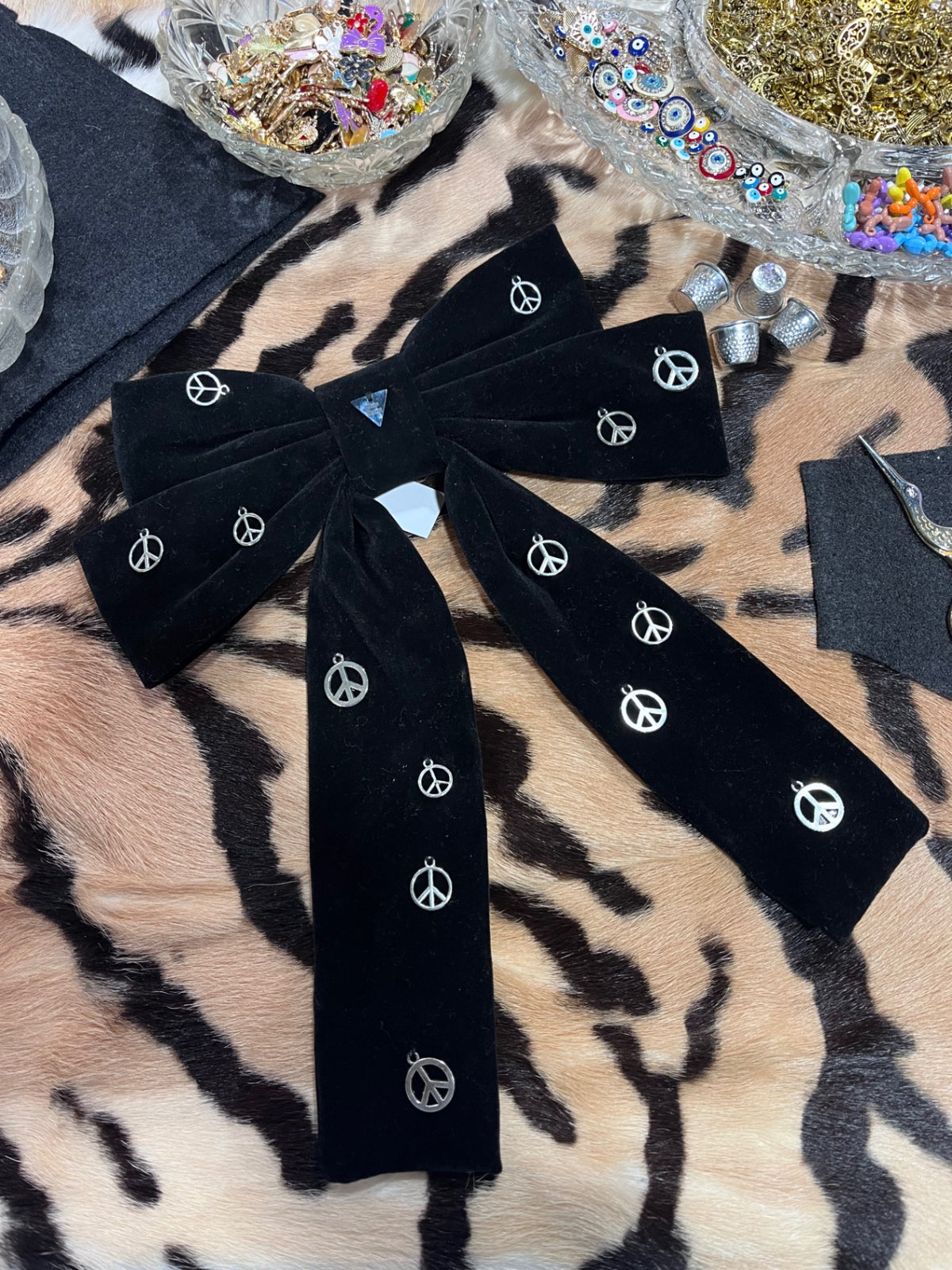 Peace Silver Black Velvet Hair Bow