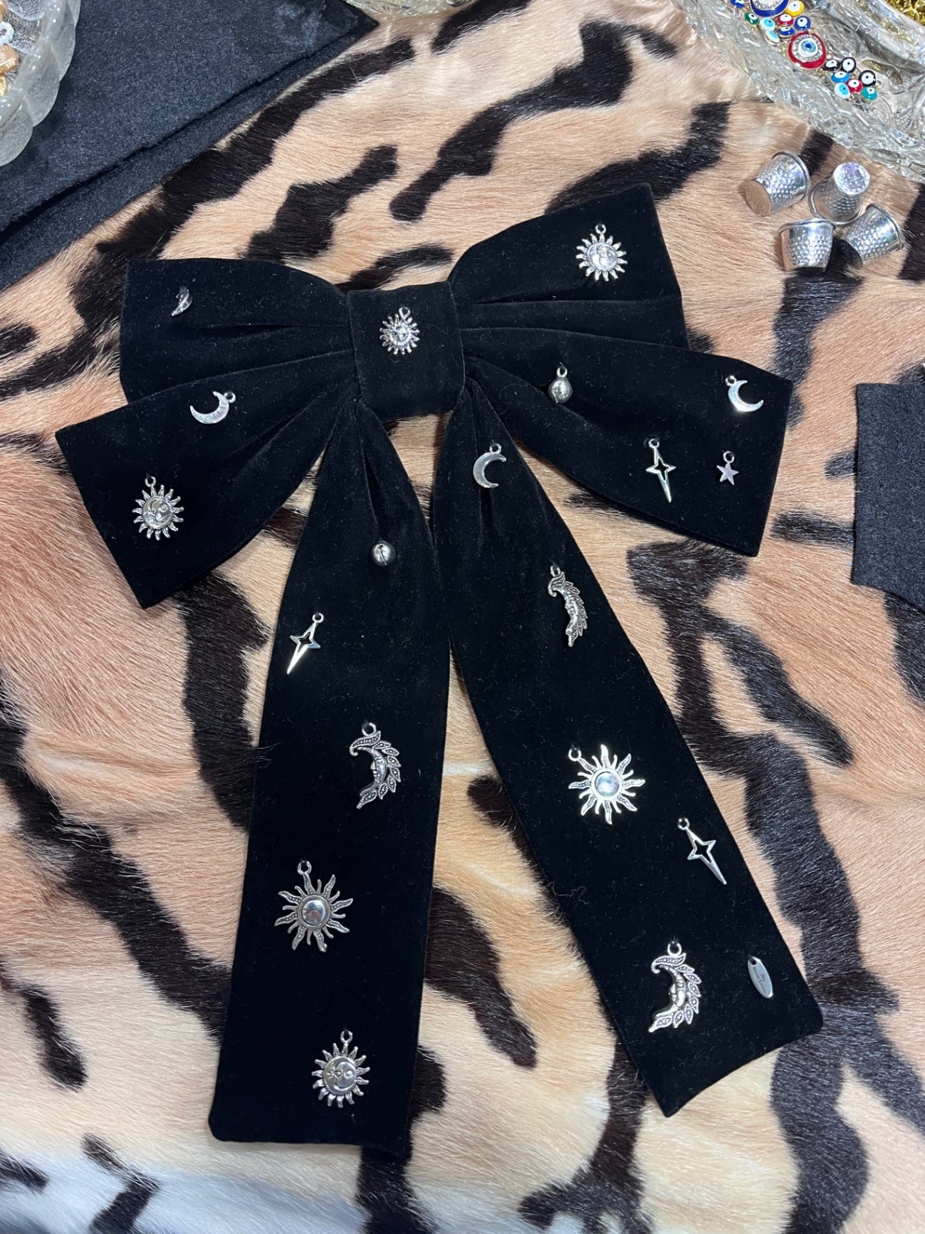 Celestial Silver Mix Black Velvet Hair Bow