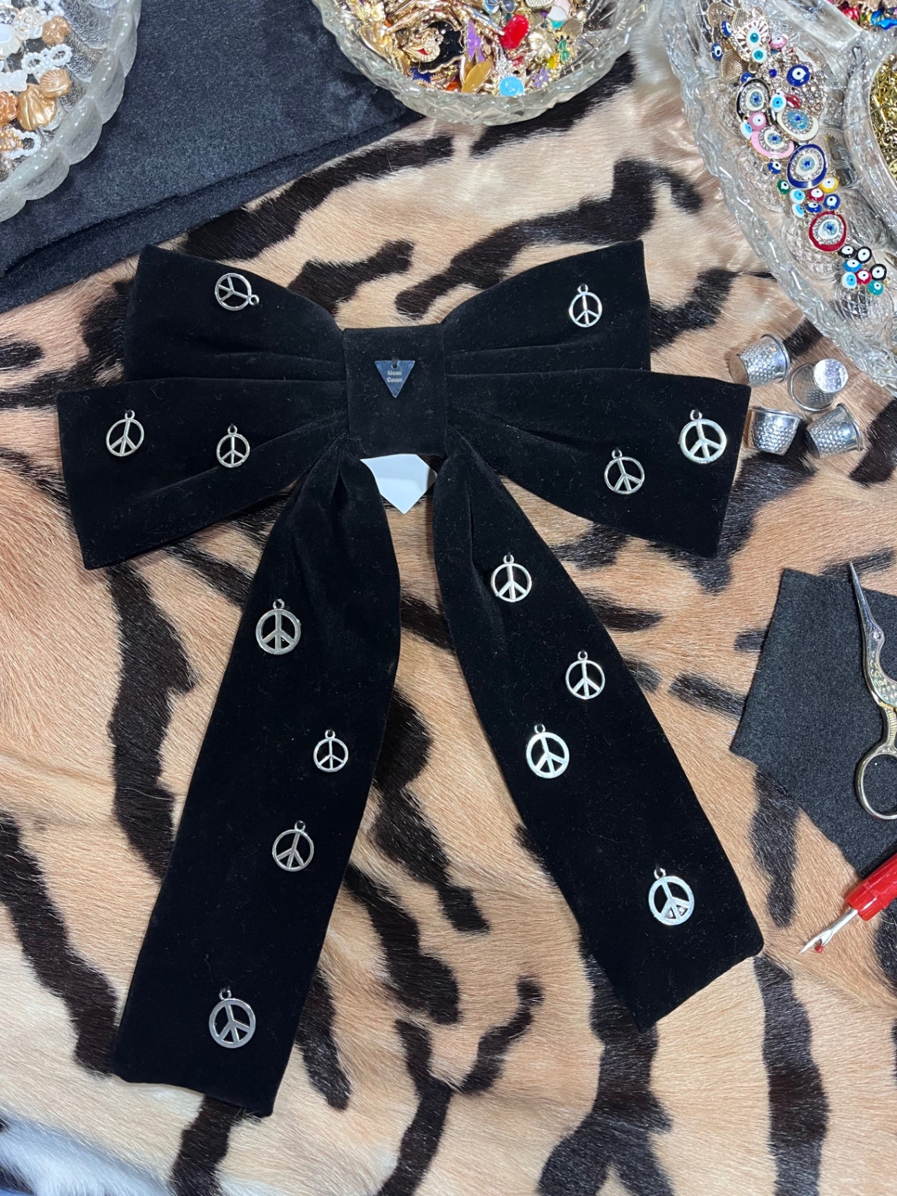 Peace Silver Black Velvet Hair Bow